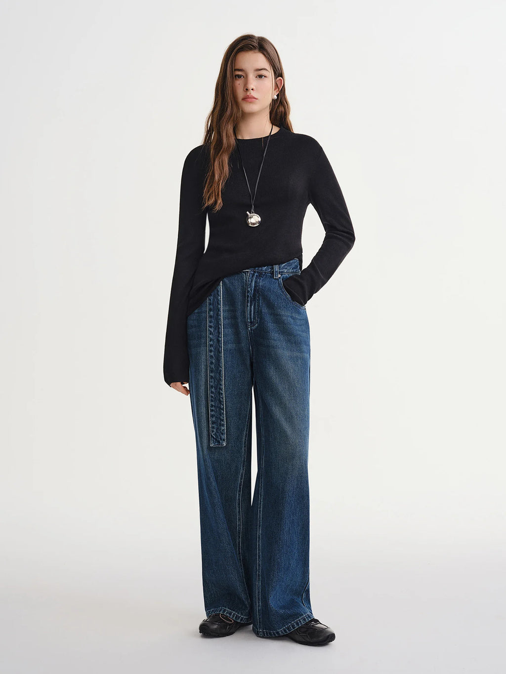 DUSHU Plus Size Women's Modern Denim Wide Leg Jeans 2025 Winter Fashion Belted High Waist Trousers with Casual Comfort Fit