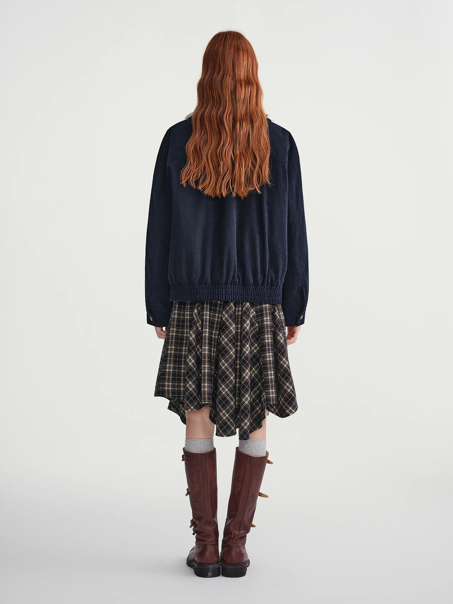 DUSHU Plus-Size Women's Shearling Collar Corduroy Lined Mid-Classic Blue Tone Jacket Fall-Winter 2025 New Arrival Coat Jackets
