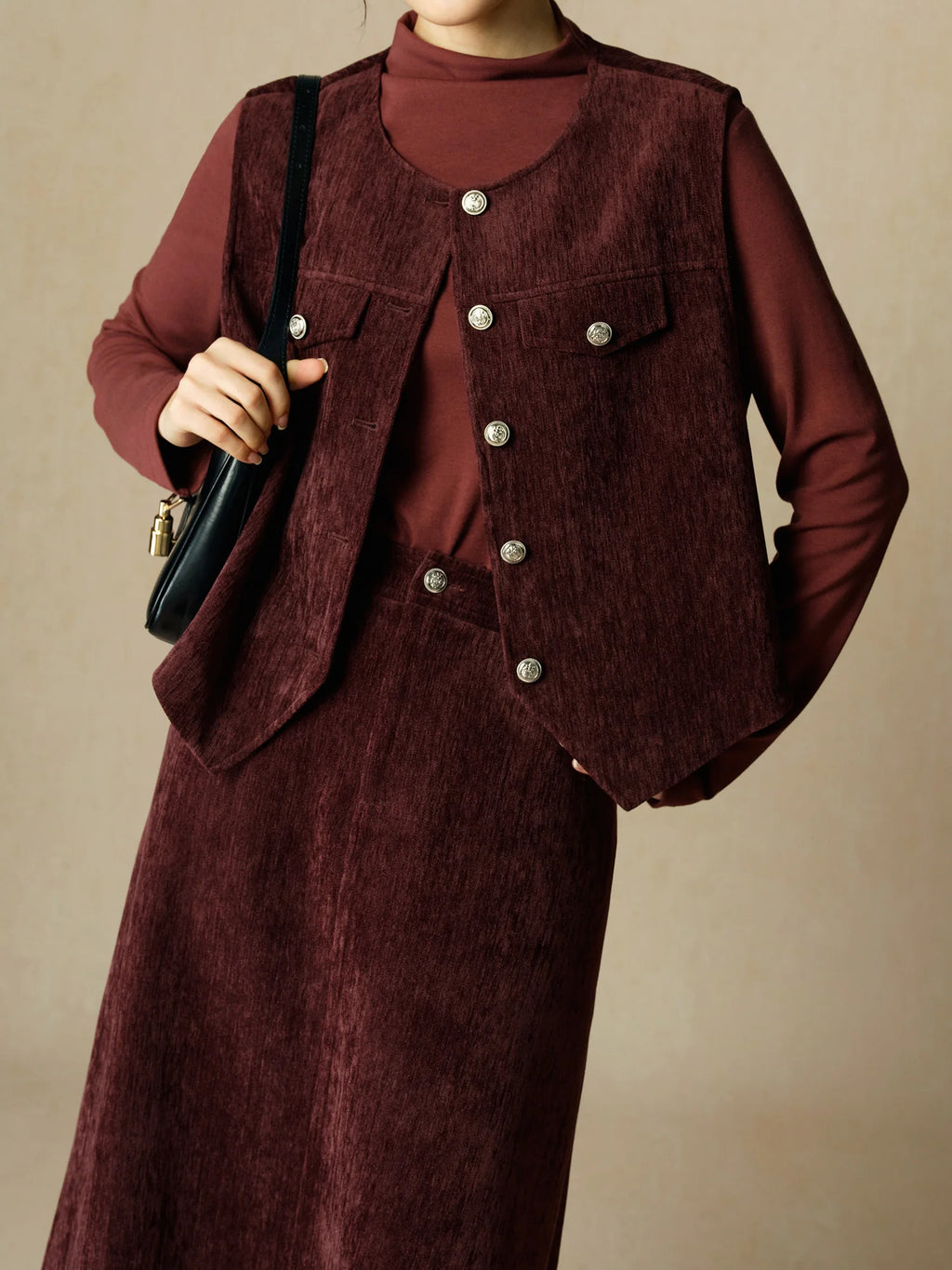 DUSHU Women Vest Sets Brown Short Vest Coats Back Elastic Waist Long A-LINE Skirt Pullover Tops 24DS84604+24DS84605+24DS84606