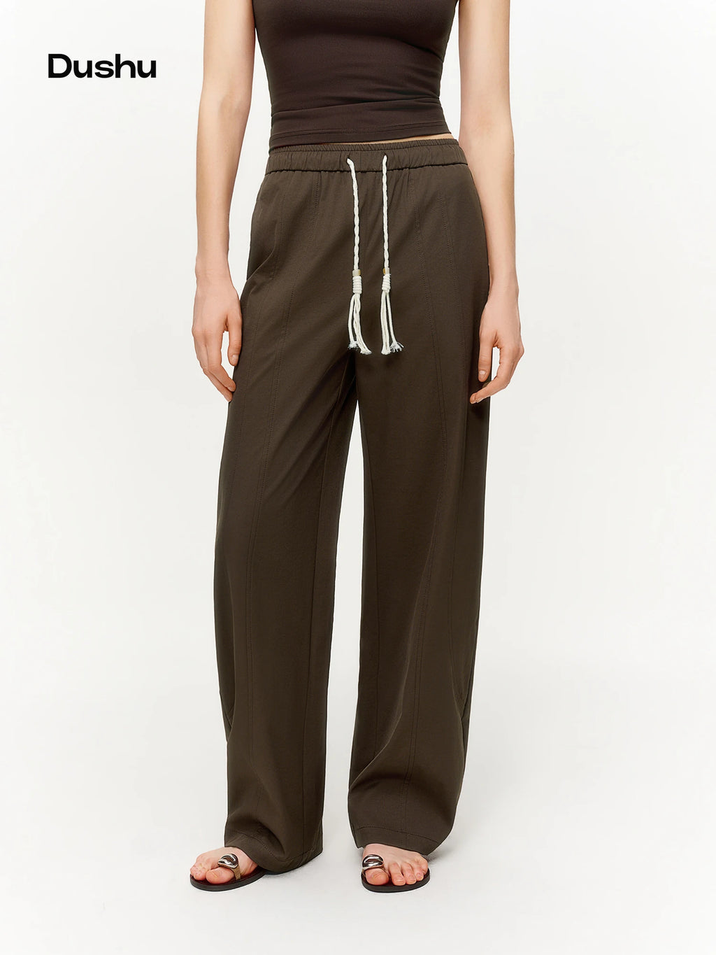 DUSHU 2026 Spring Women's Tie-Waist Bootcut Pants, Elastic High Waist Flared Casual Trousers, Y2K Retro Loose Fit Lounge Pants