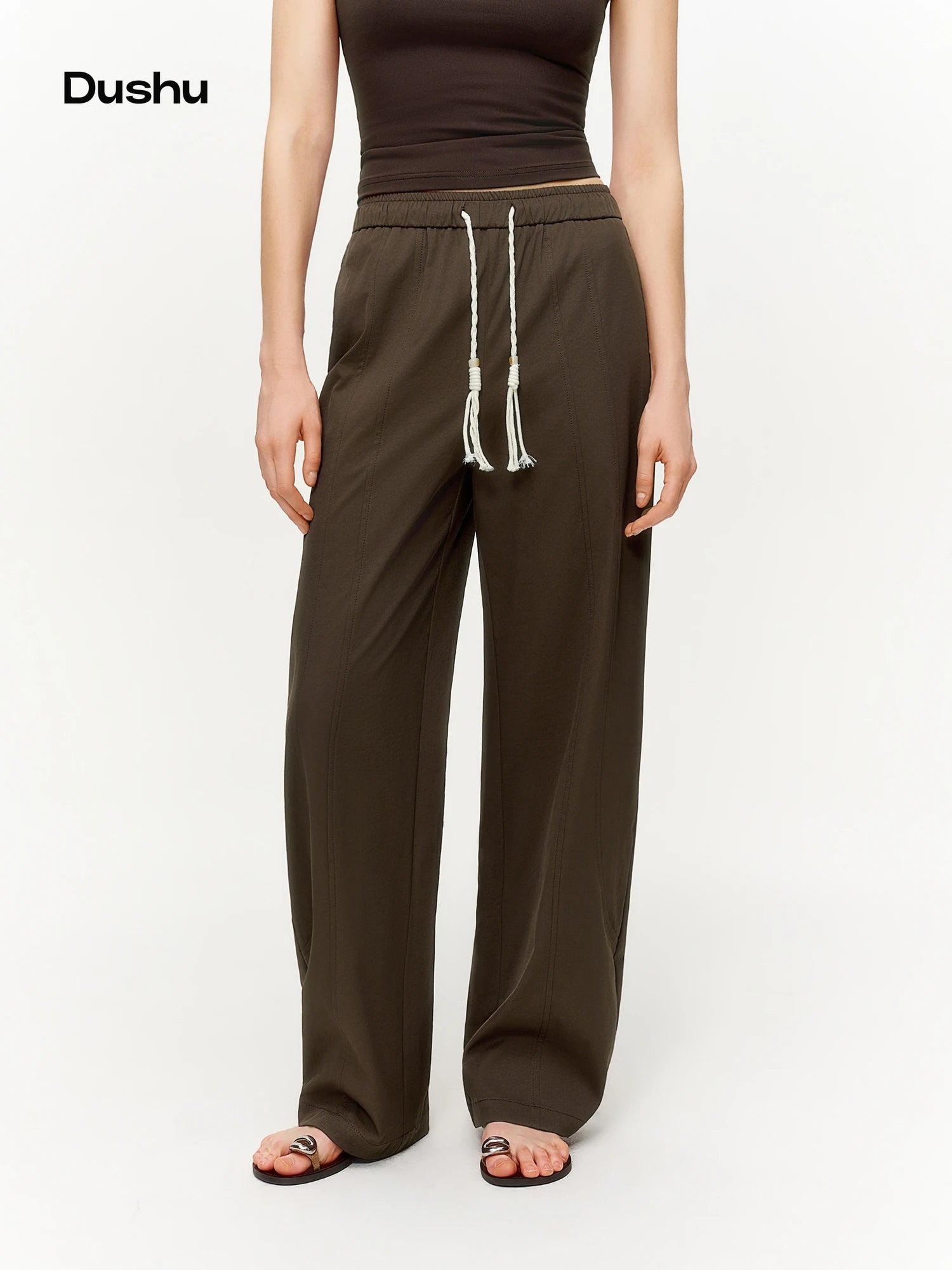 DUSHU 2026 Spring Women's Tie-Waist Bootcut Pants, Elastic High Waist Flared Casual Trousers, Y2K Retro Loose Fit Lounge Pants