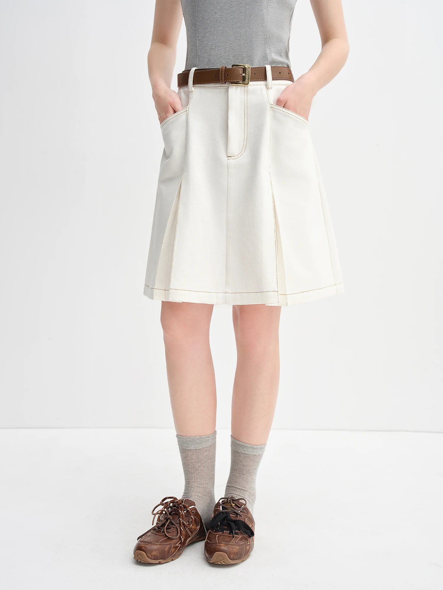 DUSHU Women's High Waist A-line Denim Skirt 2025 Autumn New Arrival Style Contrast Color Retro Denim Skirt No Belt 25DS83098