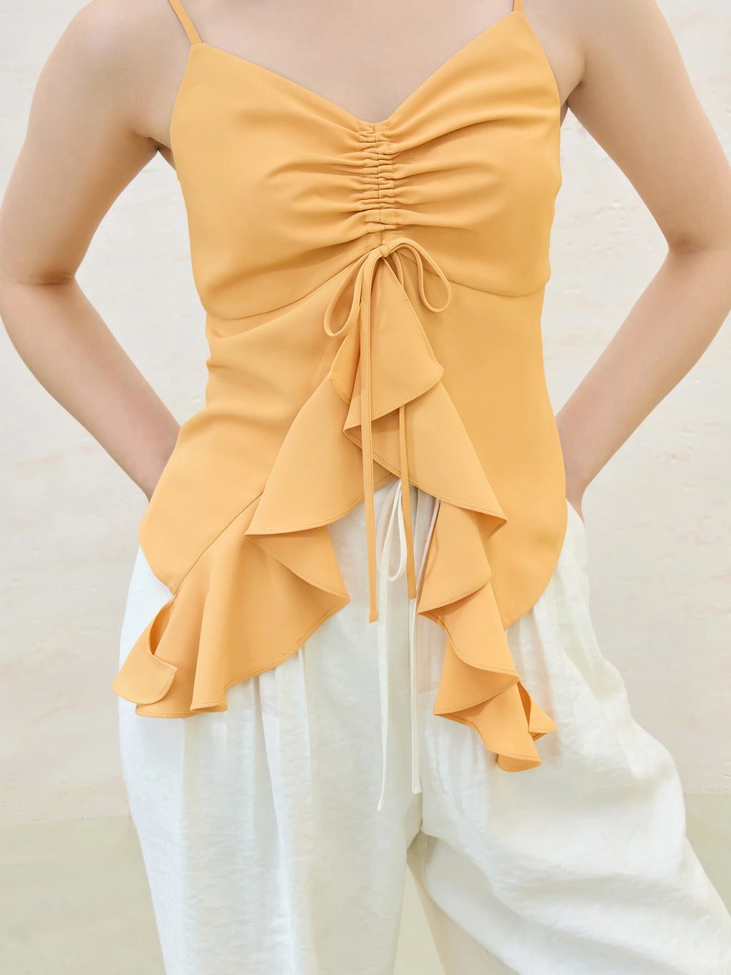 DUSHU Solid Color Irregular Ruffle Drawstring Strappy Top 2025 Summer New Style Fashionable All-match Vest for Women 25DS82067