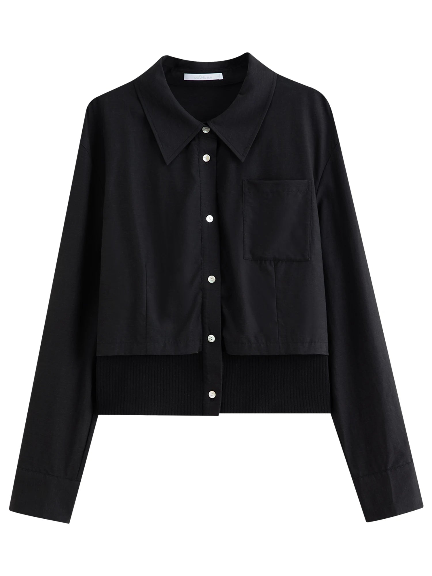 DUSHU 2026 Spring Women's Ribbed Panel Tri-Color Long Sleeve Shirt - Commute Ready Elegant Blouse Versatile Styling for Office
