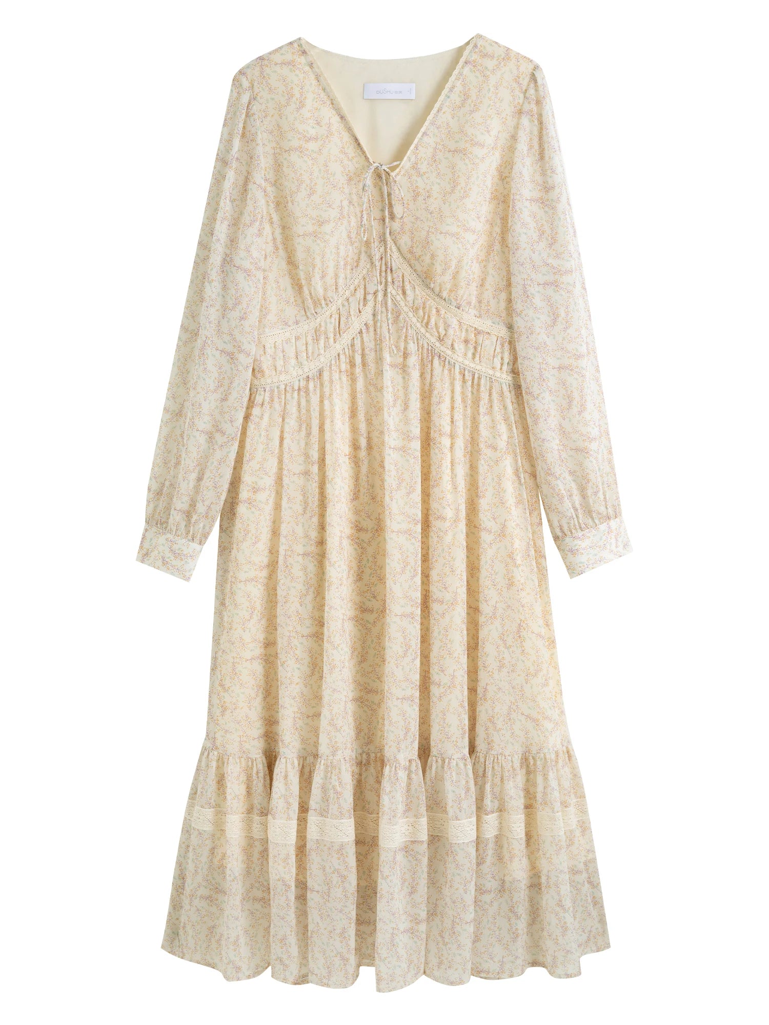 DUSHU Office Lady Women's Flowing Umbrella Chiffon V-neck Lace Dress 2025 Spring Fashion Midi Casual Loose Dress 25DS81218