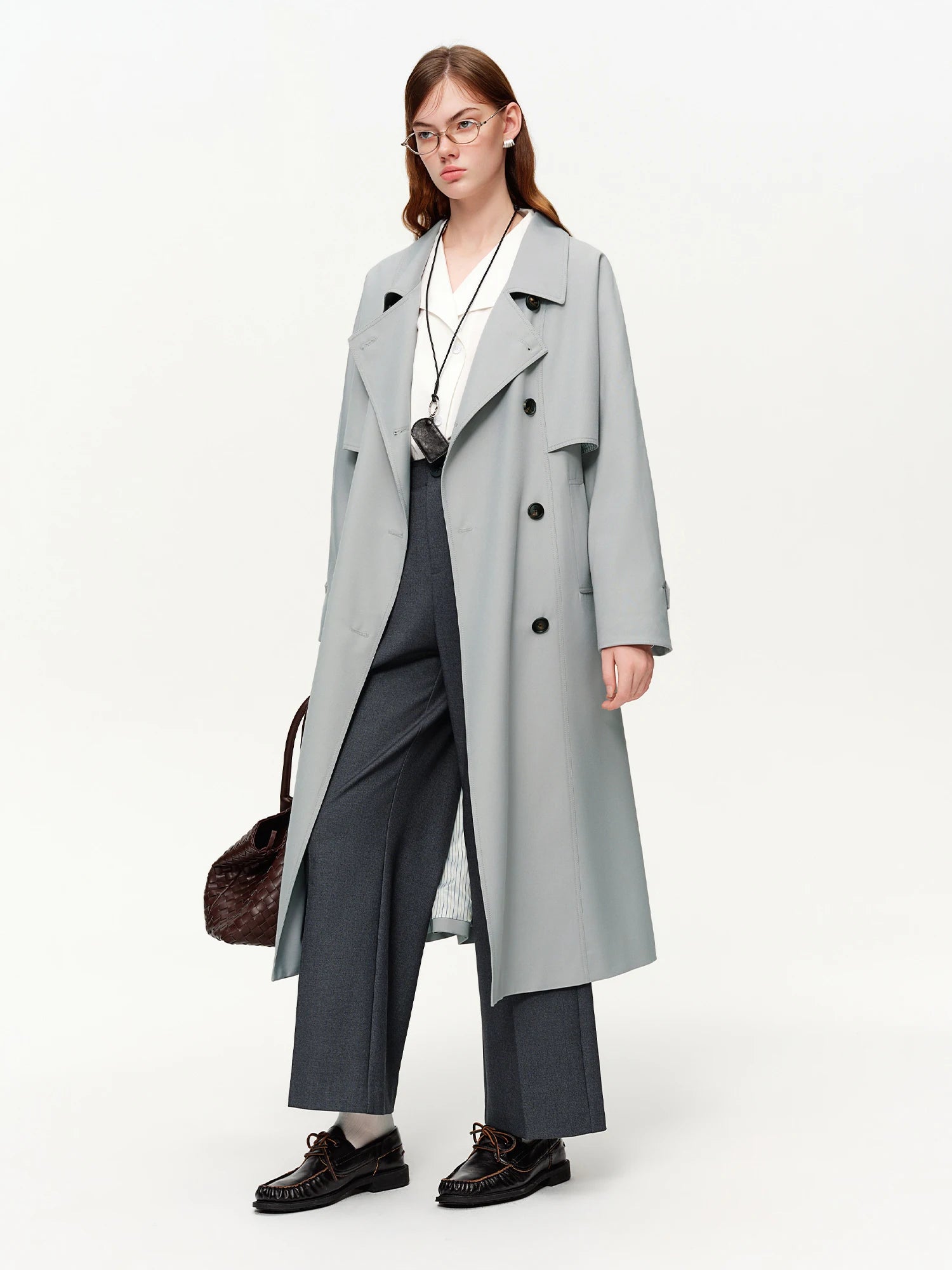DUSHU Classic Khaki Double Breasted Long Trench Coat - Spring Oversized Lapel Coat with Belted Waist for Casual and Office Wear