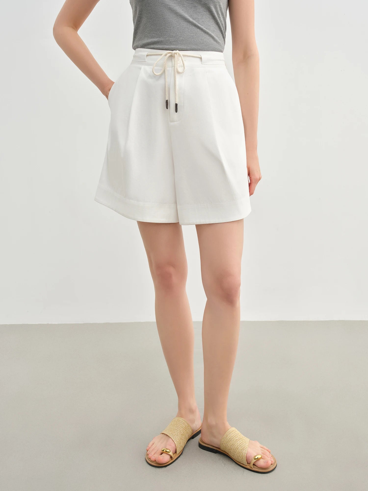 DUSHU Tencel Cotton White Pants New Summer Versatile Loose Wide-leg Shorts Drawstring Casual Pants 25DS82731