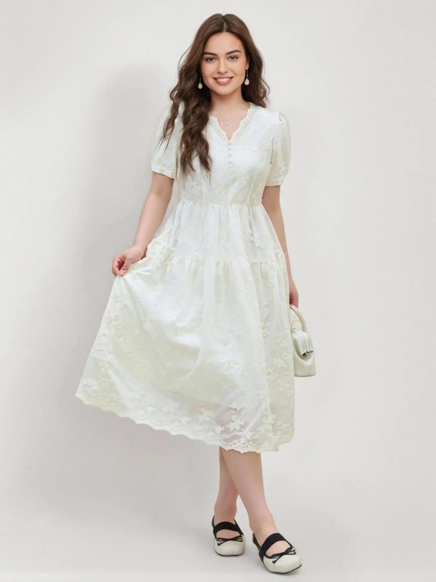 DUSHU Women Beige Dress Gentle Style Short Sleeve V-Neck Long Lace Lyocell Dresses 2025 Summer X-LINE Dress 25DS81330