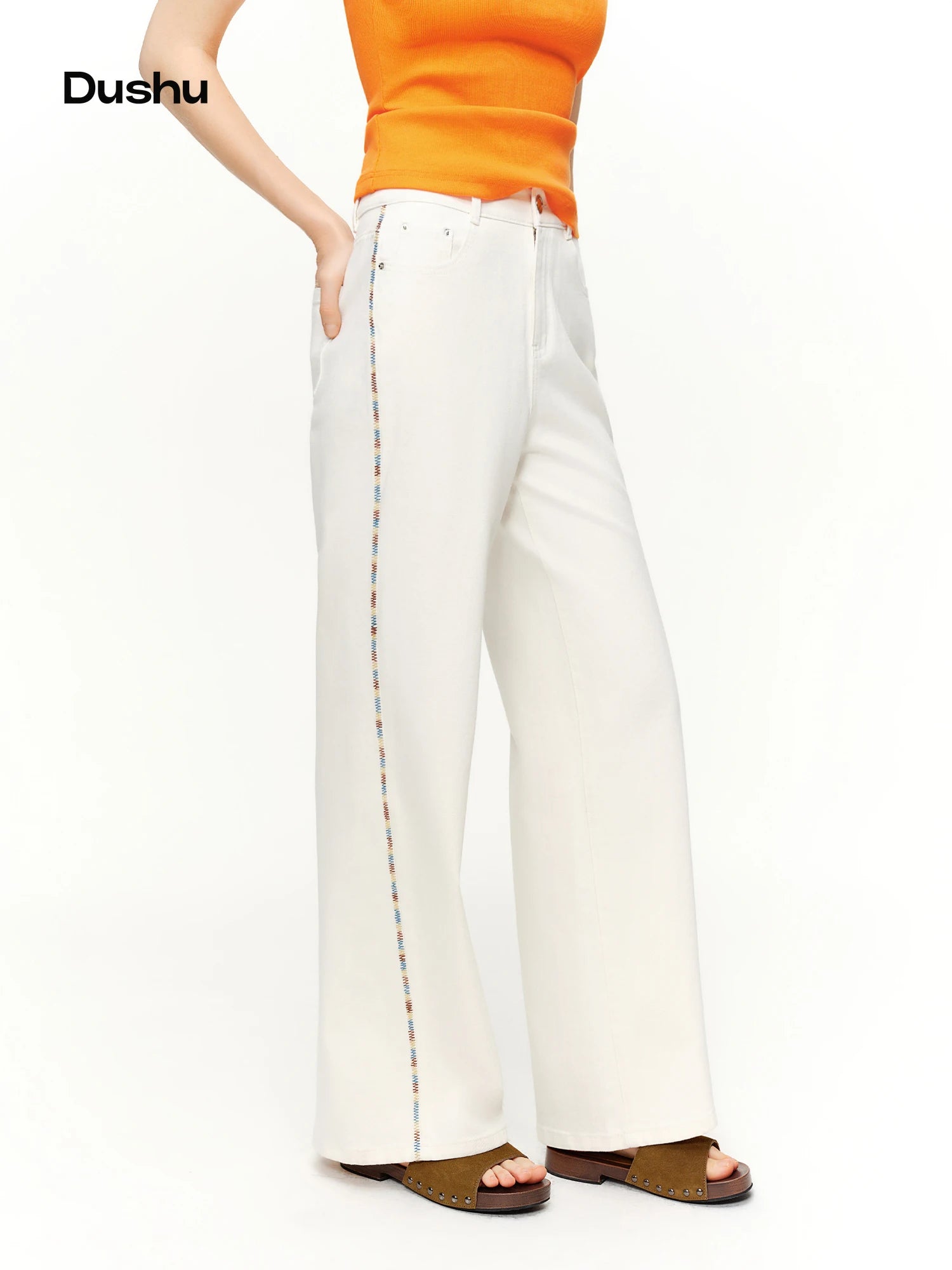 DUSHU 2026 Spring Women's Color Block Embroidered Straight Leg Jeans with Two Length Feature, Mix Match Patchwork Denim Pants