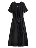 DUSHU Ice Cool Touch Fake Two Piece Needle Shuttle Combination Dress 2024 Summer New Dress Black Women Dresses 24DS82490