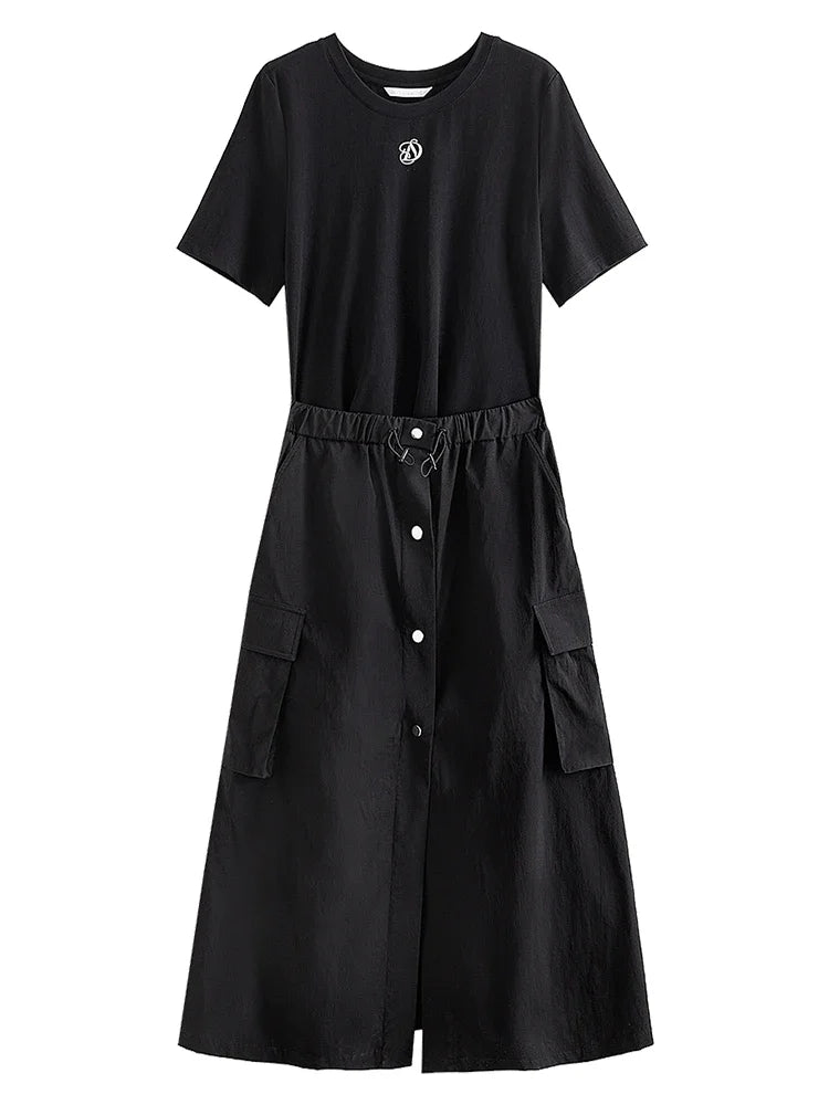 DUSHU Ice Cool Touch Fake Two Piece Needle Shuttle Combination Dress 2024 Summer New Dress Black Women Dresses 24DS82490