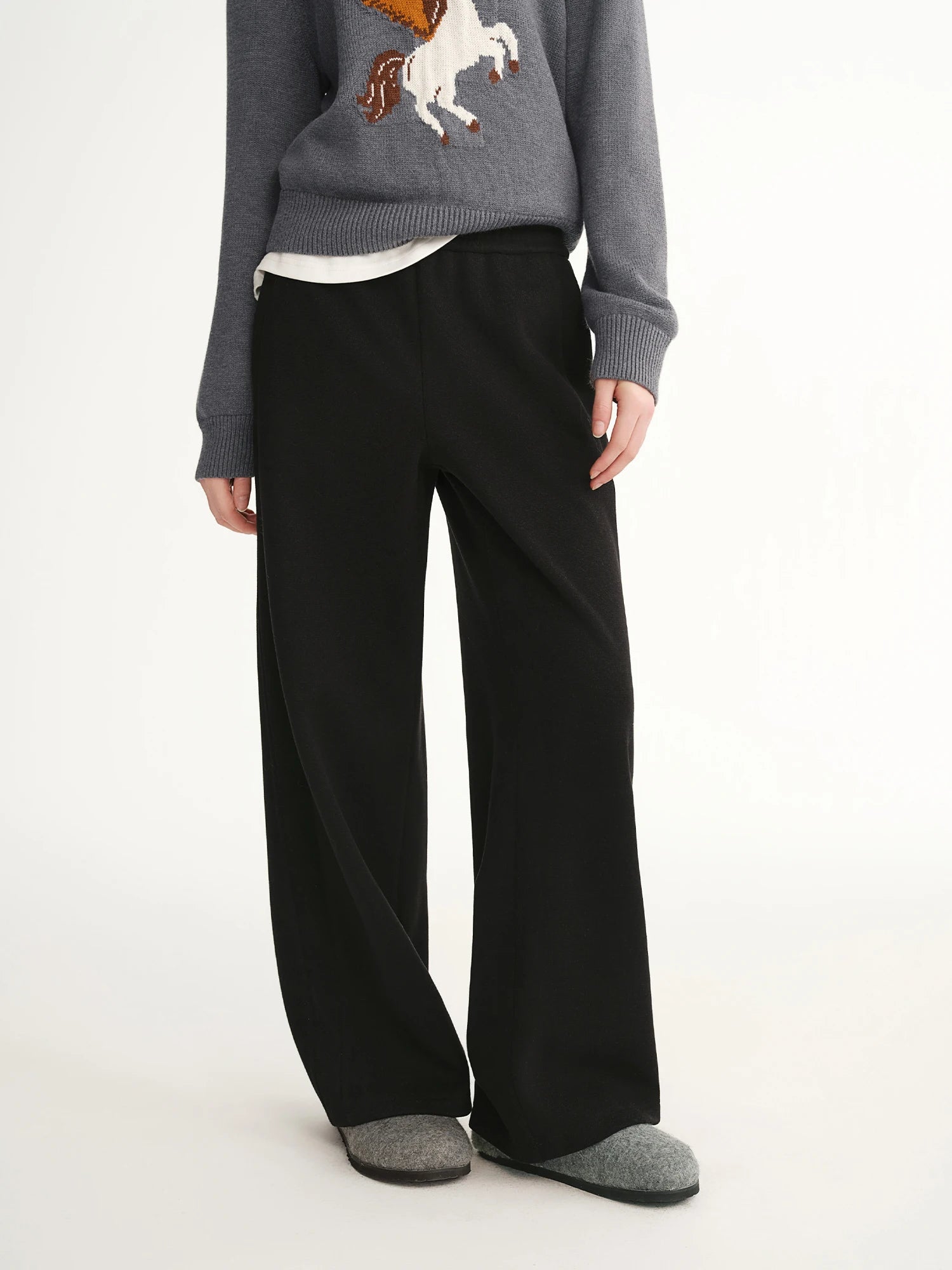 DUSHU Plus Size High Waist Fleece Lined Straight Leg Pants Winter Warm Elastic Waist Casual Trousers Cozy Plush Casual Pants