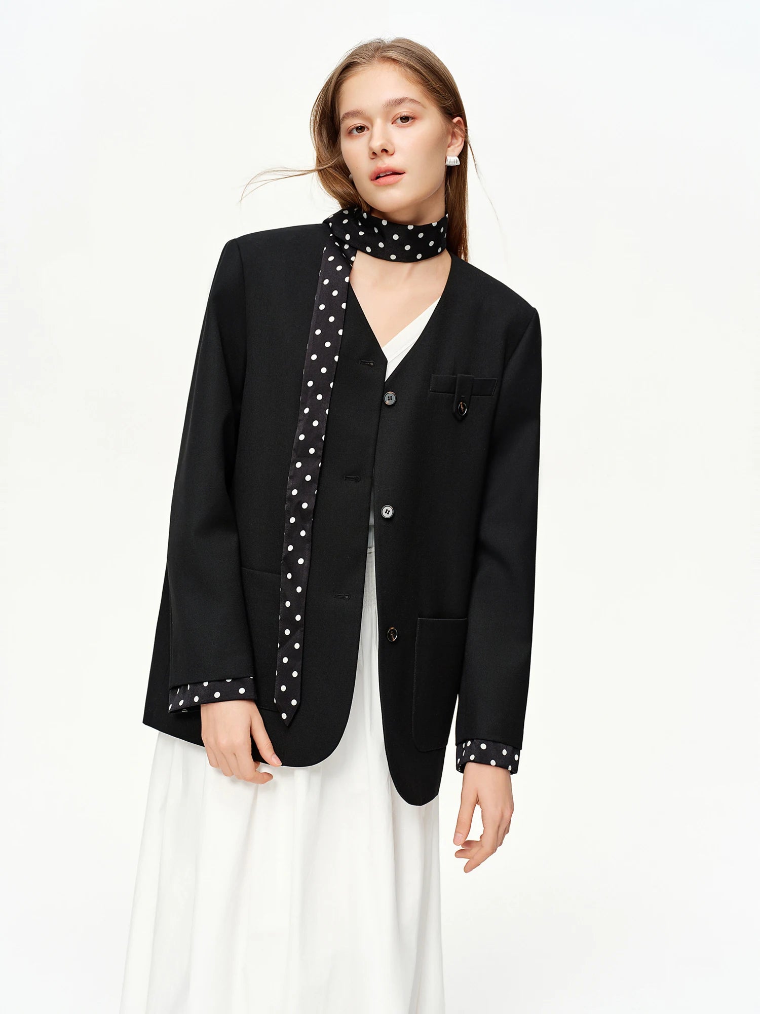 DUSHU 2025 Women's Black Polka Dot Blazer Spring New V-Neck Ribbon Bow Tie Long Sleeve Slim Jacket Retro Office Chic Outerwear