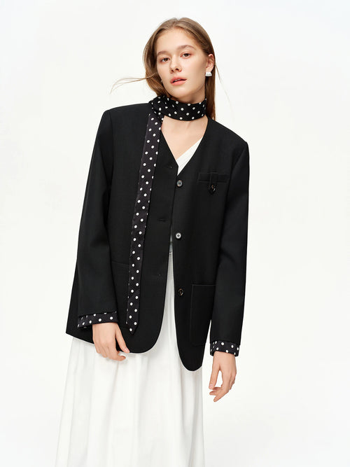 DUSHU 2025 Women's Black Polka Dot Blazer Spring New V-Neck Ribbon Bow Tie Long Sleeve Slim Jacket Retro Office Chic Outerwear