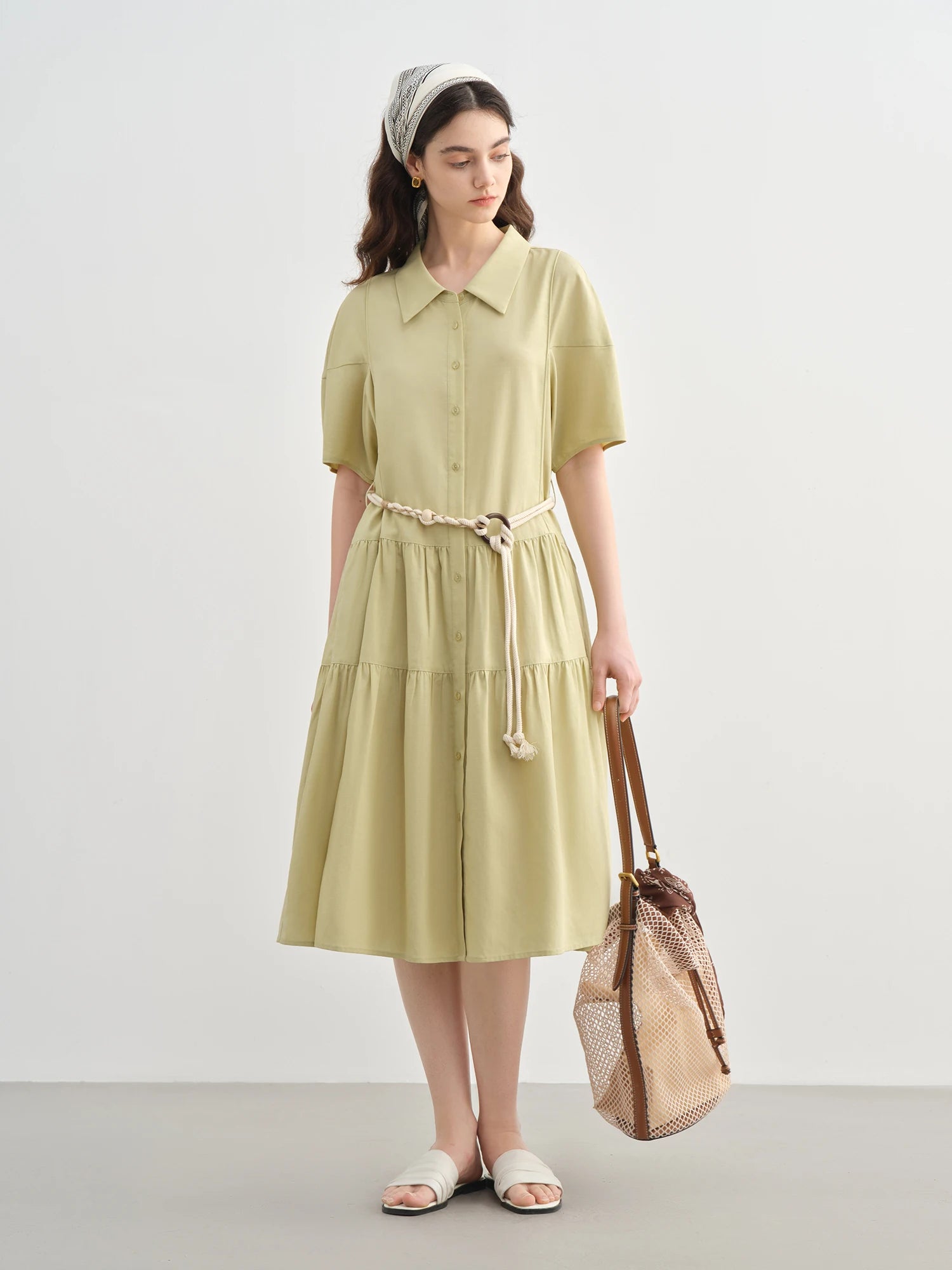 DUSHU Plus Size Casual Commuting Lapel Shirt Dress 2025 Summer New Arrival HIgh Waist Slimming Fashion A-line Dress 25DS82616