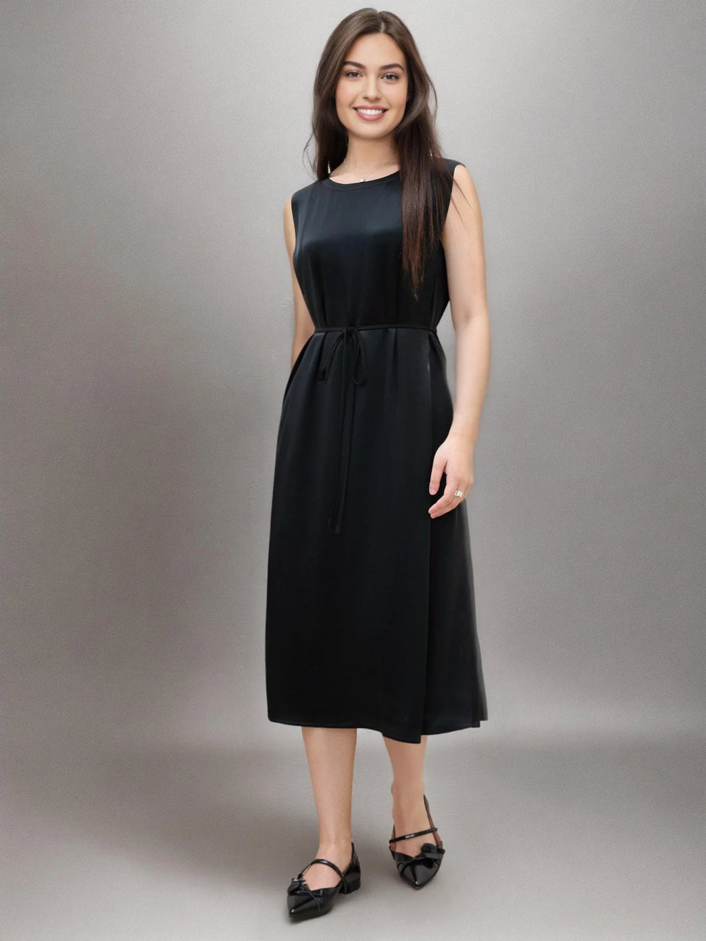 DUSHU Plus Size Acetate Long Black Dress 2025 Summer New Arrival Commuting Temperament Sleeveless Vest Dress for Women 25DS82501