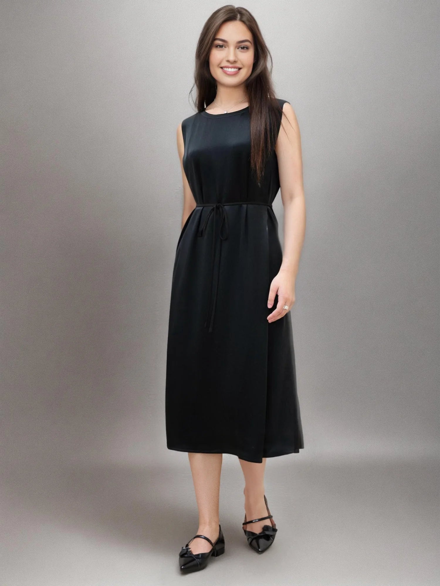 DUSHU Plus Size Acetate Long Black Dress 2025 Summer New Arrival Commuting Temperament Sleeveless Vest Dress for Women 25DS82501