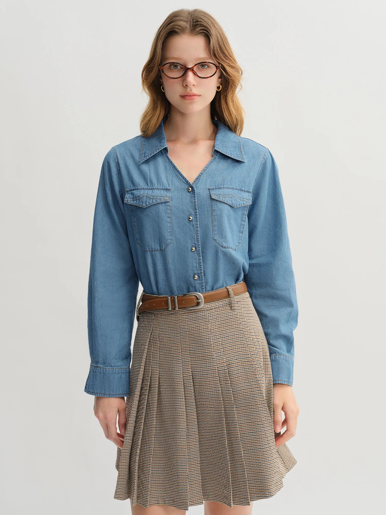DUSHU Plus Size Double Collar Design Denim Shirt For Women 2025 New Arrival Autumn French Style Top 25DS83269+25DS83083