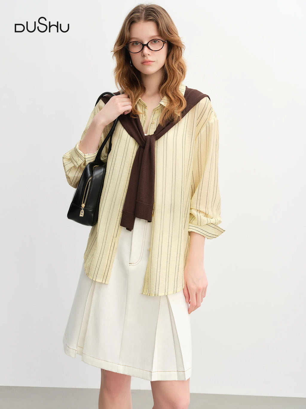 DUSHU Plus-Size Women's Knit Shawl Lightweight Blouse 2025 Autumn New Arrival Casual Long-Sleeve Shirt 25DS83241