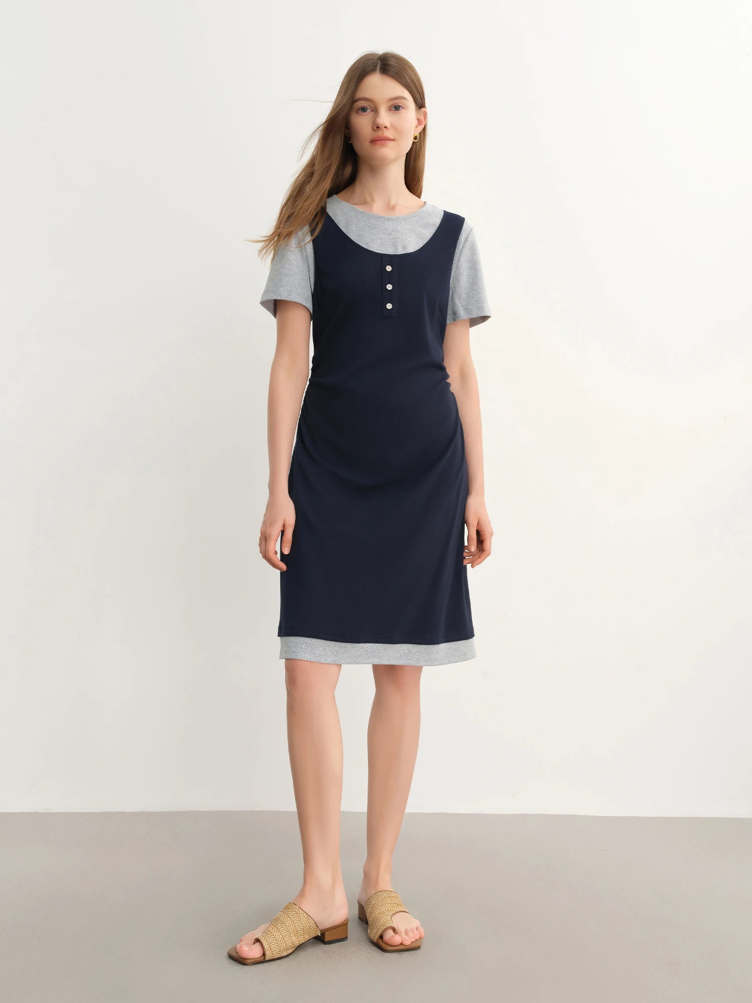 DUSHU Plus-Size Women's Two versions Color Clash Patchwork College-Style 2025 Summer New Dress 25DS82828+25DS82831