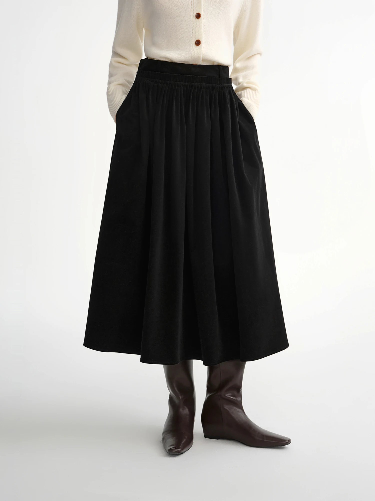 DUSHU Black Skirt Embroidered Retro Stretch Corduroy A-line Skirts Mid-calf Length Pleated Commuting Gothic Retro Elegant Ladies