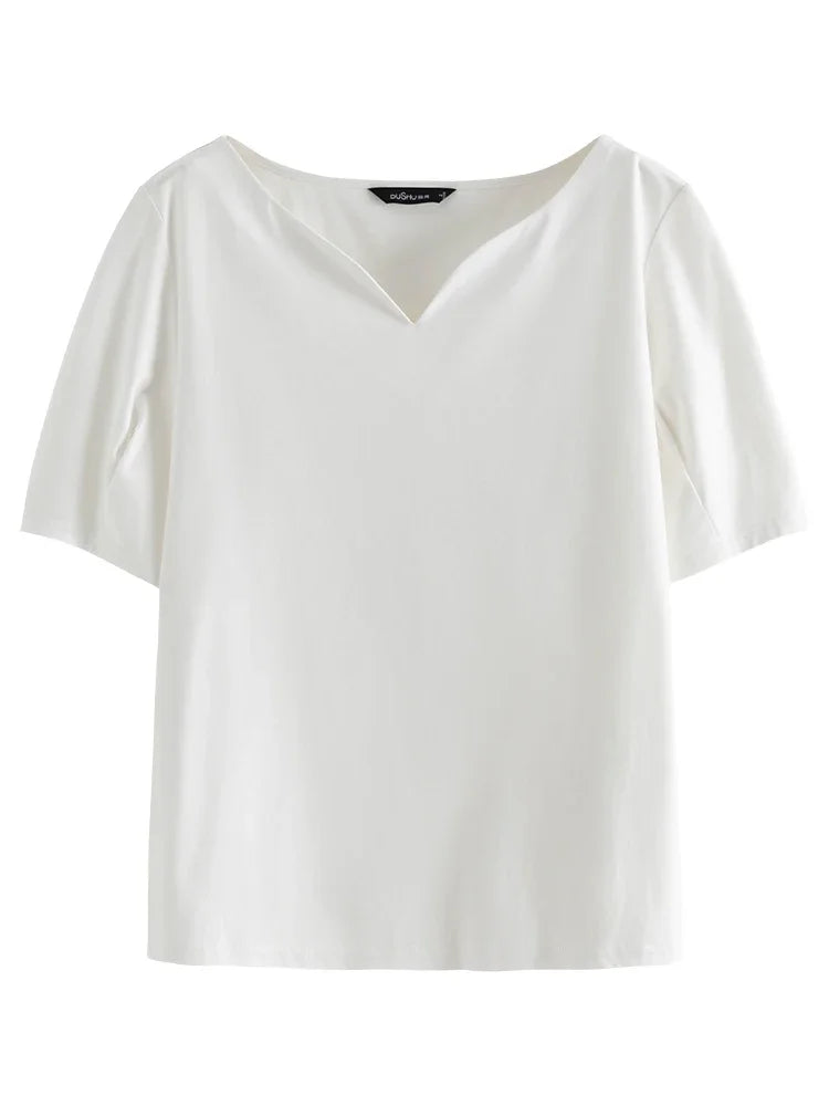 DUSHU Summer Unique Design Elegant Casual Versatile Women White T-Shirt 2024 New Drop Collar Exquisite Top For Female 24DS82350