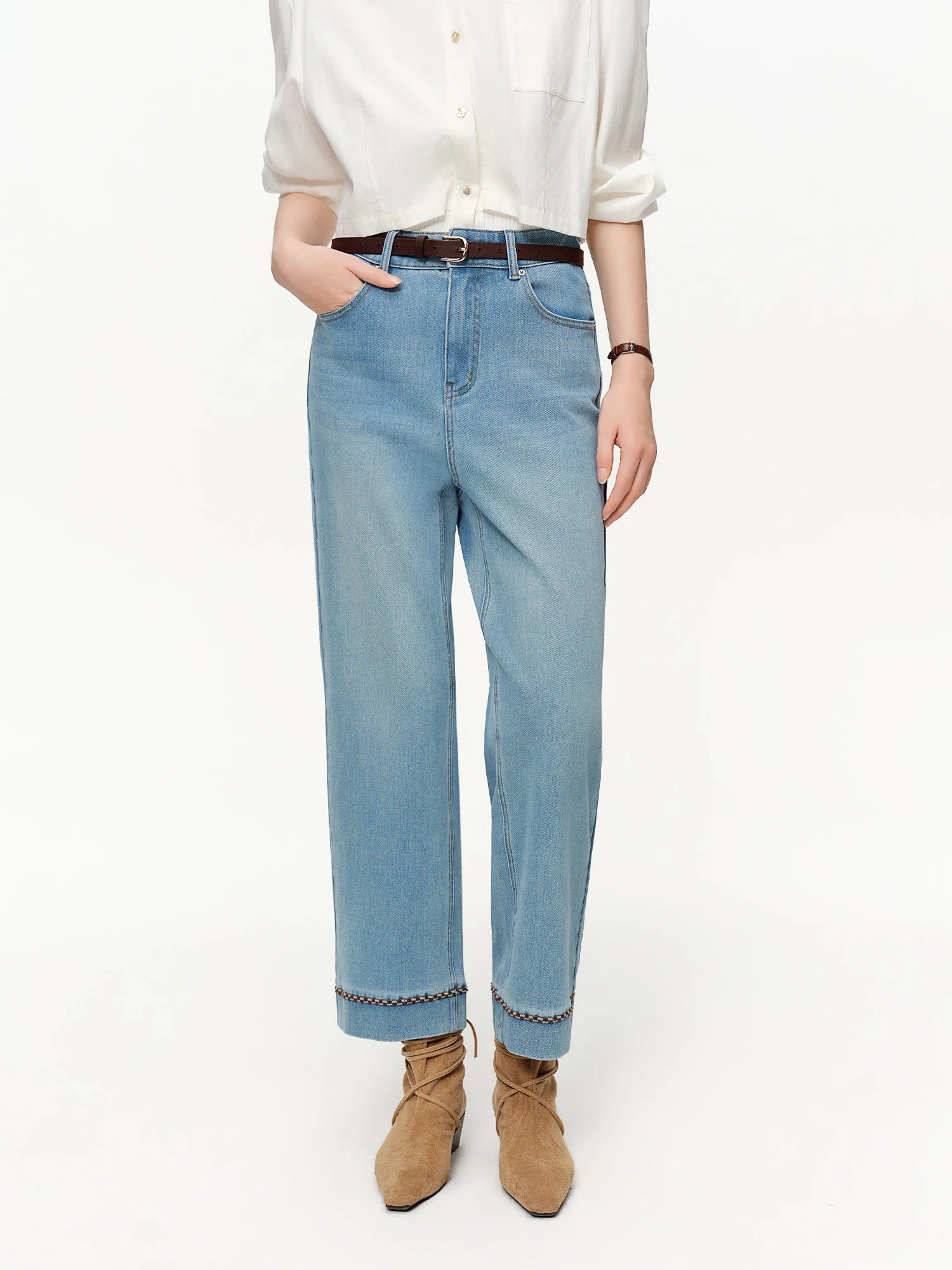 DUSHU Double-length Jeans Women High-waisted Slim-fit Classic Baguette Pants High Waist Elegant Office Lady Spring Trendy