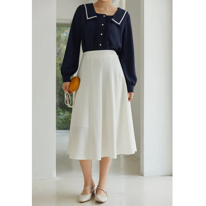 DUSHU Elegant Black Long Skirt Pleated Skirt Women Vitnage White High Waist Skirt Female Autumn Winter A-line Skirt