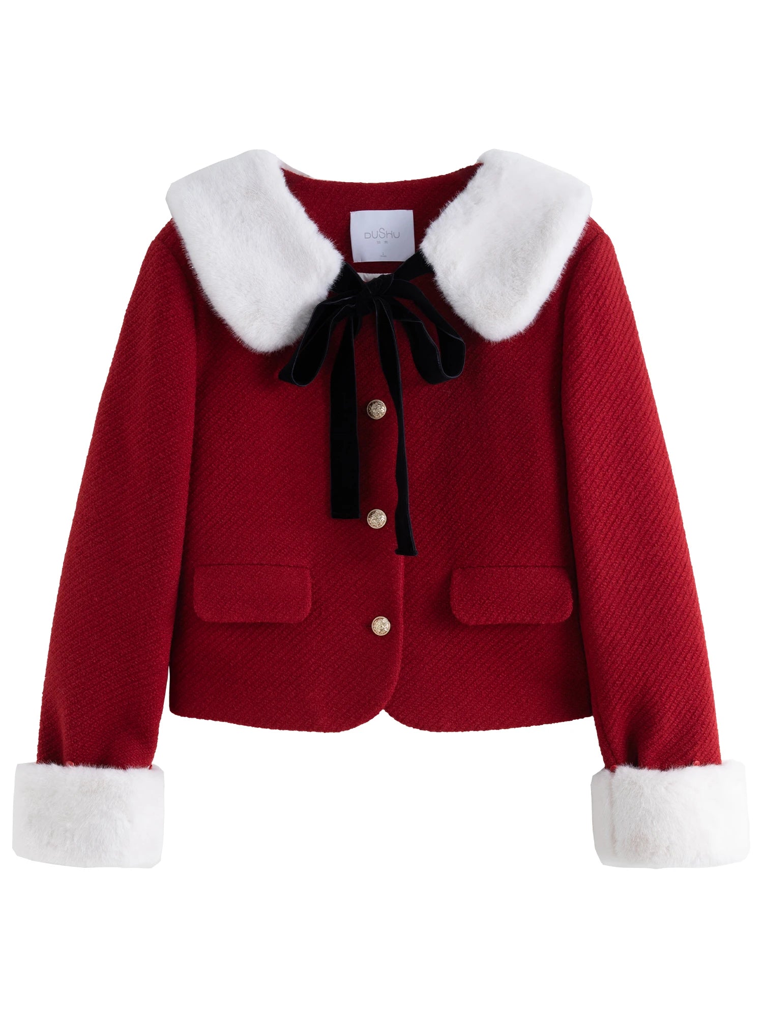 DUSHU 25.7% Wool Red Detachable Collar Elegant Style Suit 2024 Winter New Design Style Christmas Skirt Two-piece Set Red Jacket