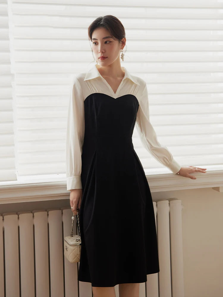 DUSHU Large Size Tulip Skirt Double Version Dress for Women Black and White Splicing Slim Spring New Style Commuter Dress Female