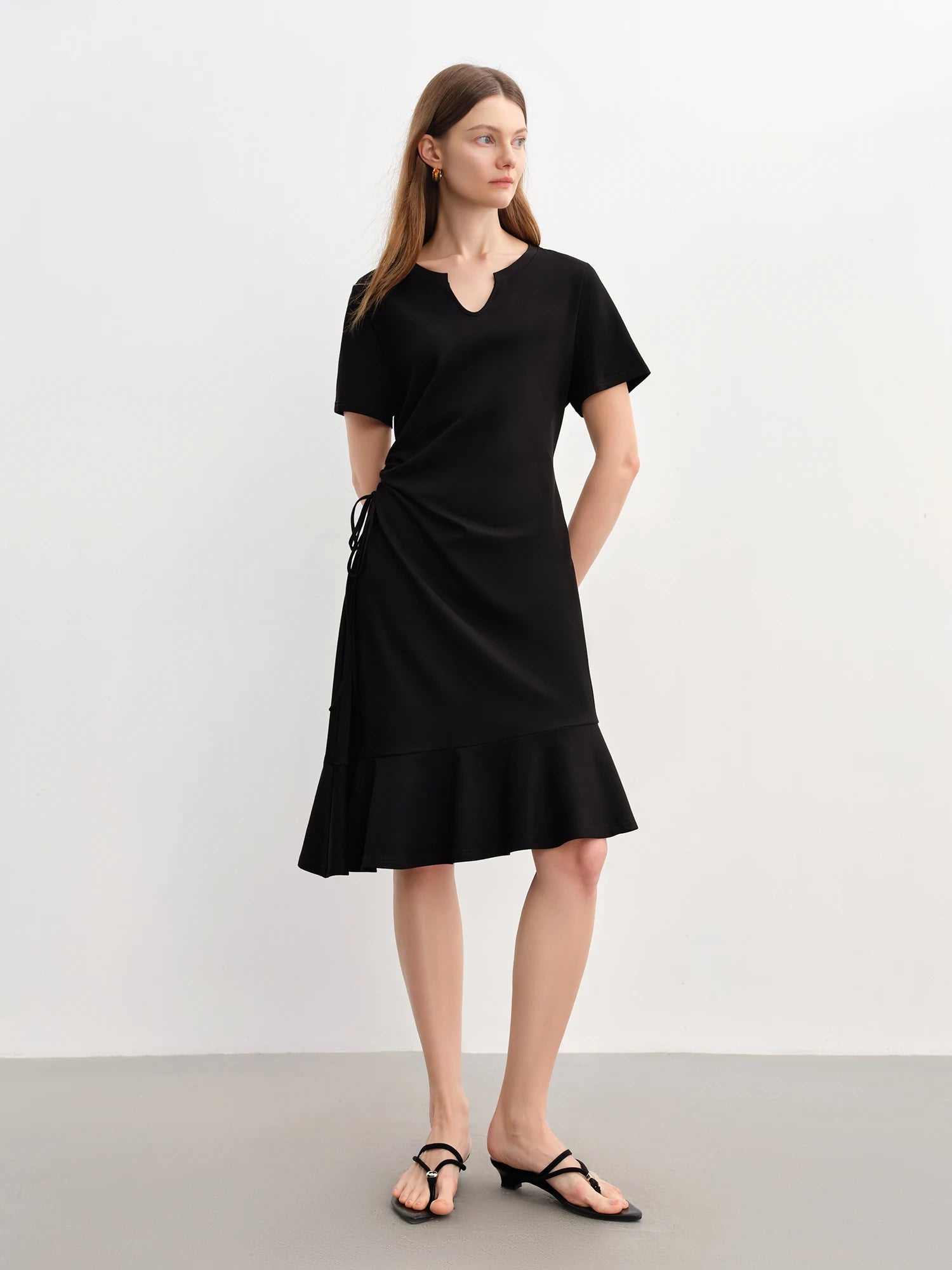 DUSHU 2025 Summer Women's V-Neck Drawstring Waist Dress - Elegant Casual Flowy A-Line Midi Length