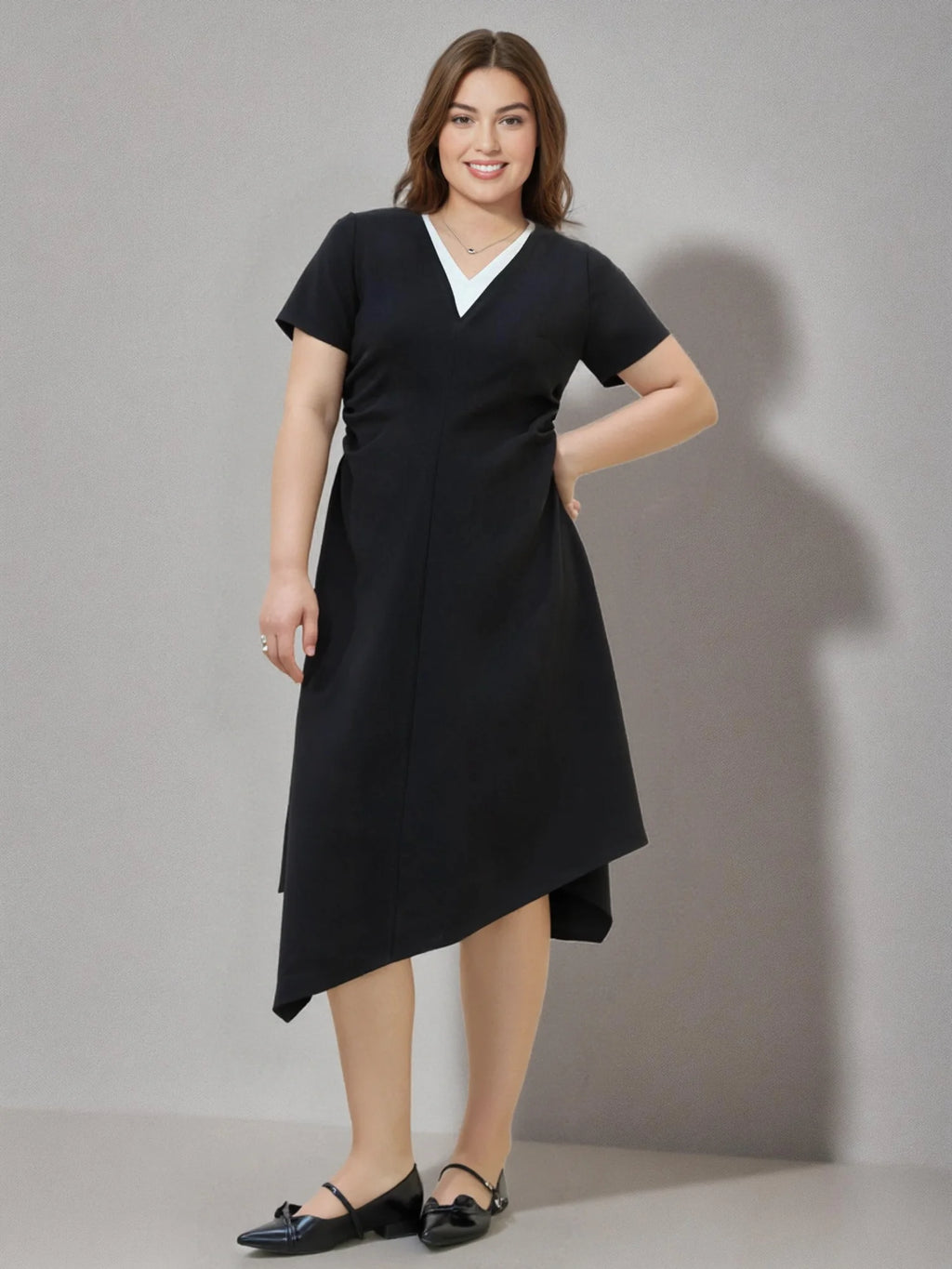 DUSHU 2025 Summer Plus Size Women Minimalist Two-Piece Layered Dress Slimming Asymmetrical Hem Flowy Maxi Dress for Curvy Figure