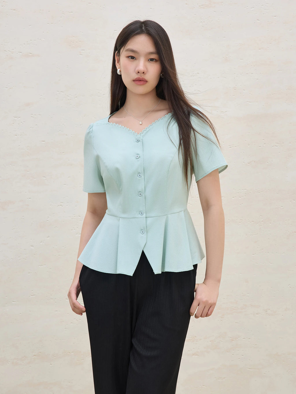 DUSHU 2025 Summer Women's Scalloped Collar A-Line Blouse - Flattering Waist & Versatile Office to Casual Styling 25DS82234