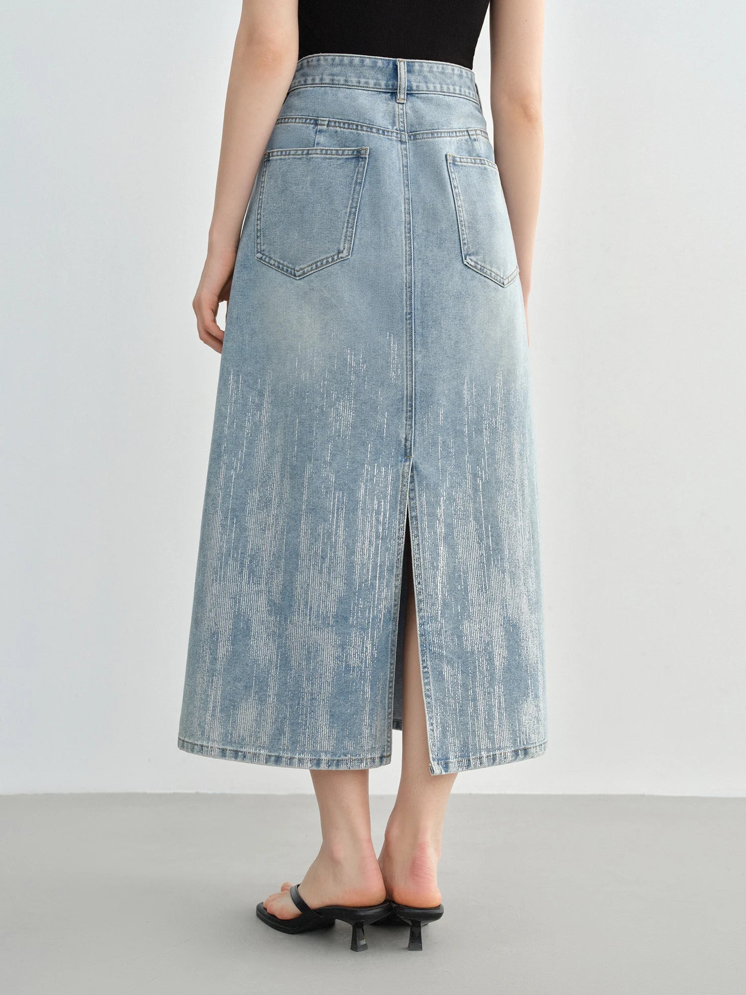DUSHU Size Inclusive Womens Fashion Silver Pressed Denim Skirt for Summer 2025 High Waist Slimming Mid Length 25DS82068