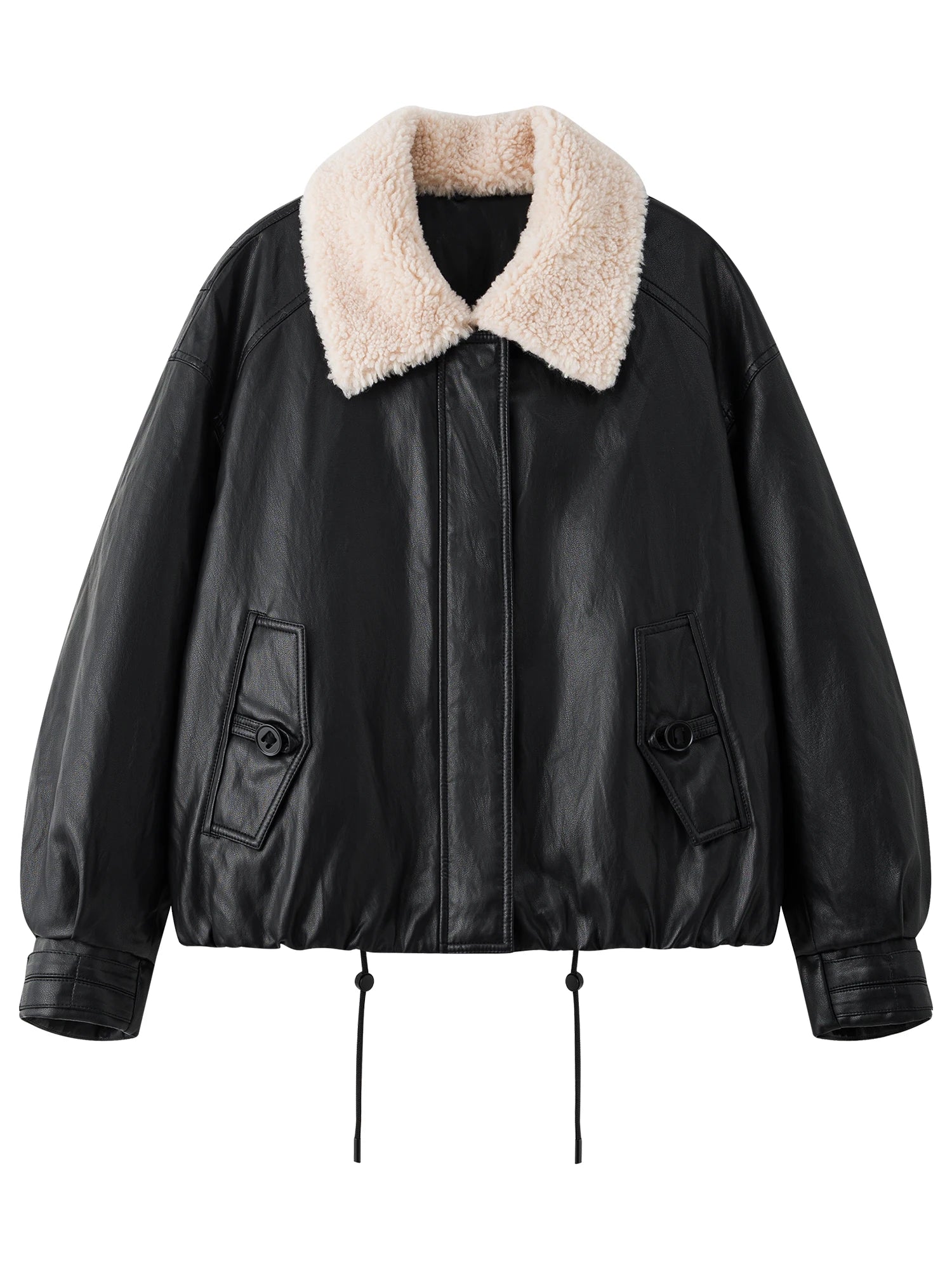 DUSHU Winter 2025 Women's Notch Lapel Protein Leather Down Jacket - White Duck Down Fill for Warm and Casual Winter Wear
