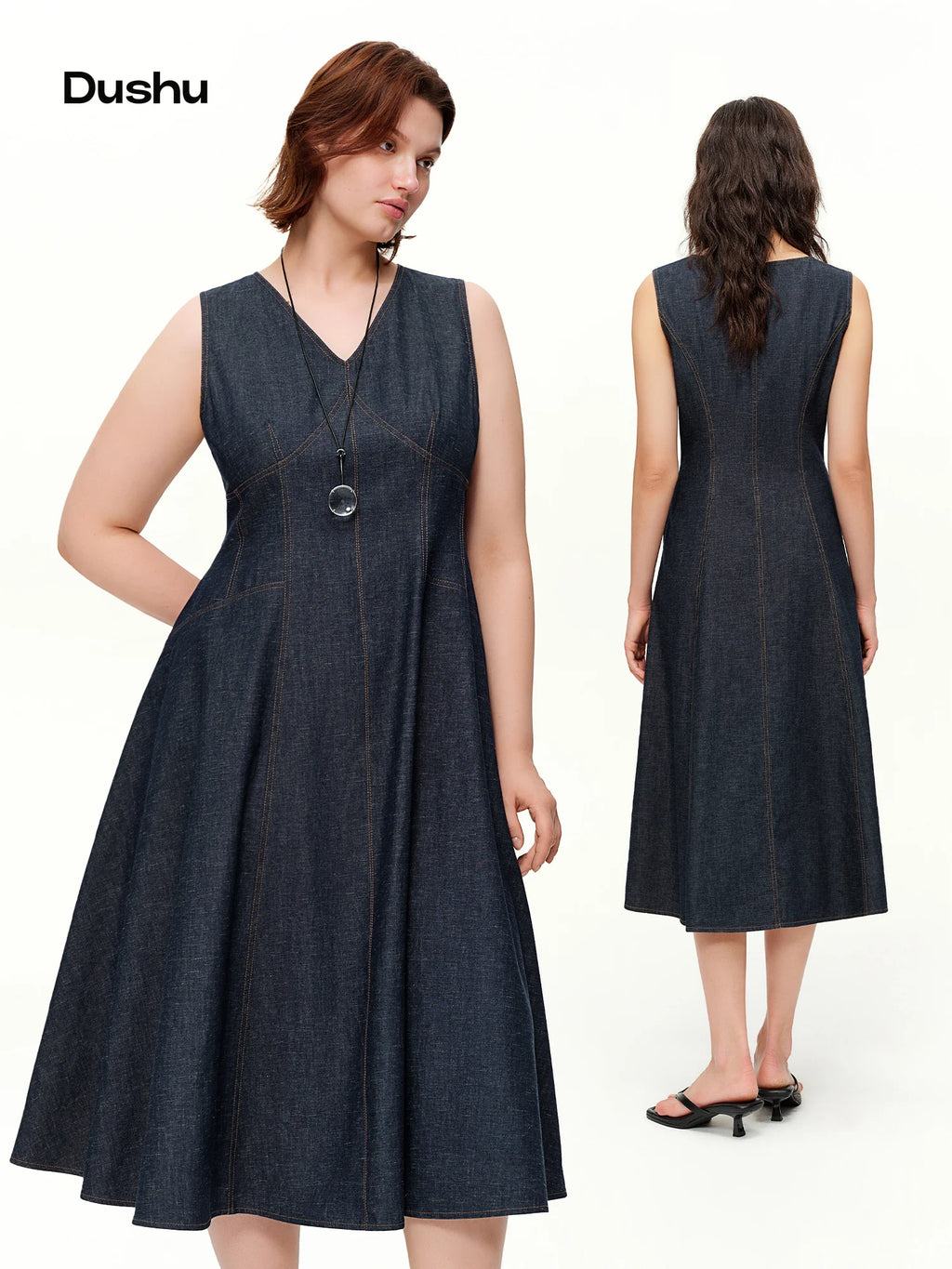 DUSHU Sculpted Dresses Sleeveless Women 2026 Spring New Style Denim Midi A-line Waist-defined Simple Commuting