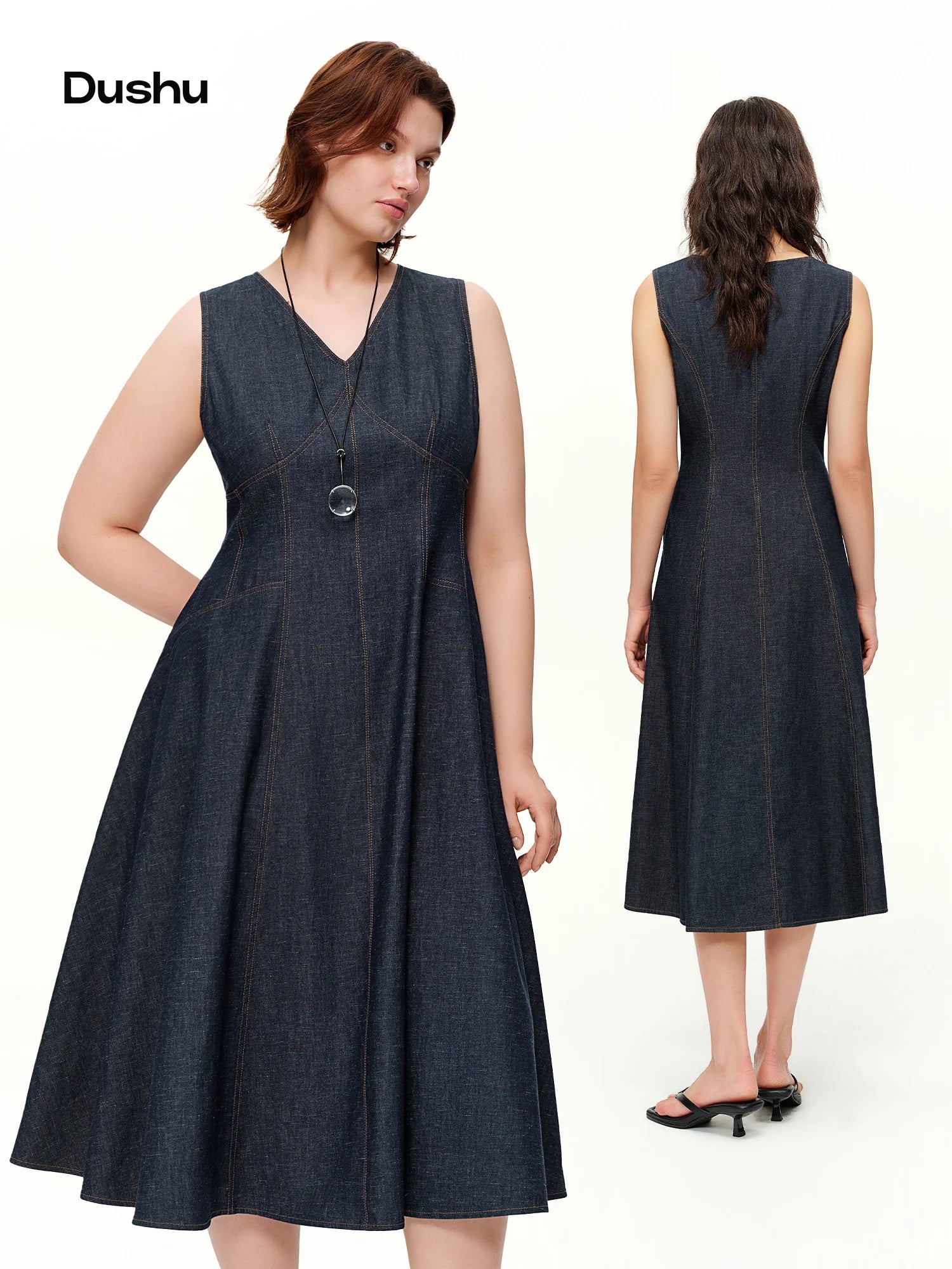 DUSHU Sculpted Dresses Sleeveless Women 2026 Spring New Style Denim Midi A-line Waist-defined Simple Commuting