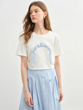 DUSHU Plus-size Women's Short Sleeve Round-neck T-shirt 2025 Summer New Arrival Origami Print Bow Top Shirt Tees 25DS82433