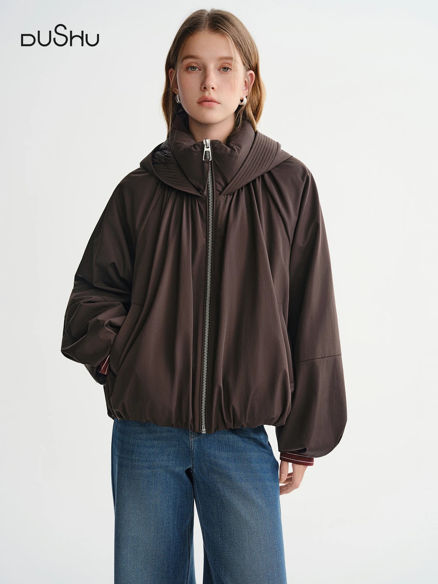 DUSHU Plus-Size Women's Caramel American Styled Design-Oriented Pleated Hooded Down Jacket Winter Flattering for Plus-Size Women