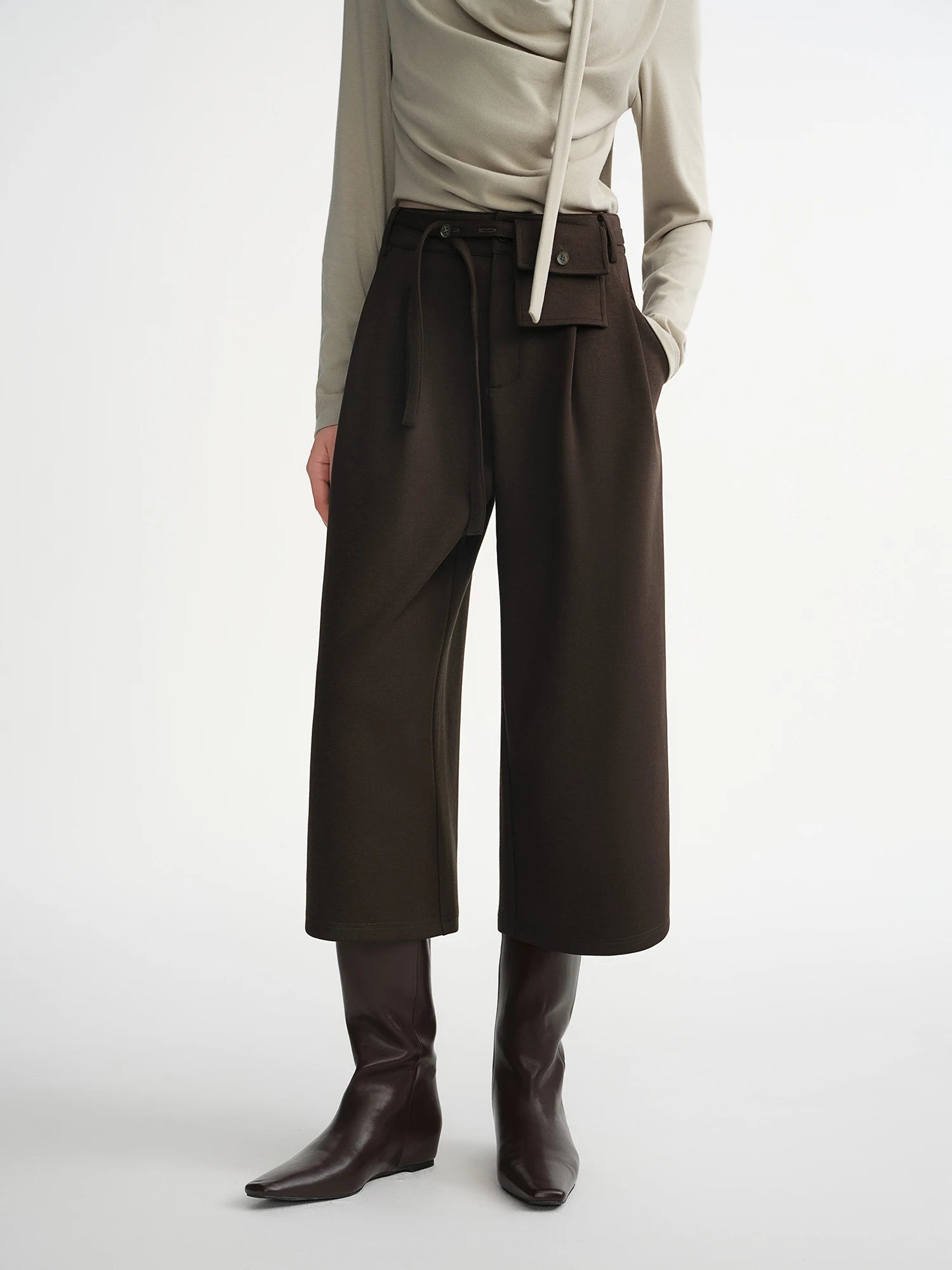 DUSHU Waist Bag Decorated Pleated Three-quarter Wide-leg Pants 2025 Winter Casual Pants Women Retro Casual Ins French Style
