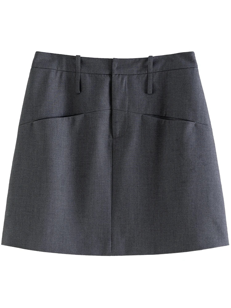 DUSHU【2 Colors】Women Pocket Decoration Commuter Above-Knee Length Spring Skirts High Waist Brown Female Mini A-LINE Skirt