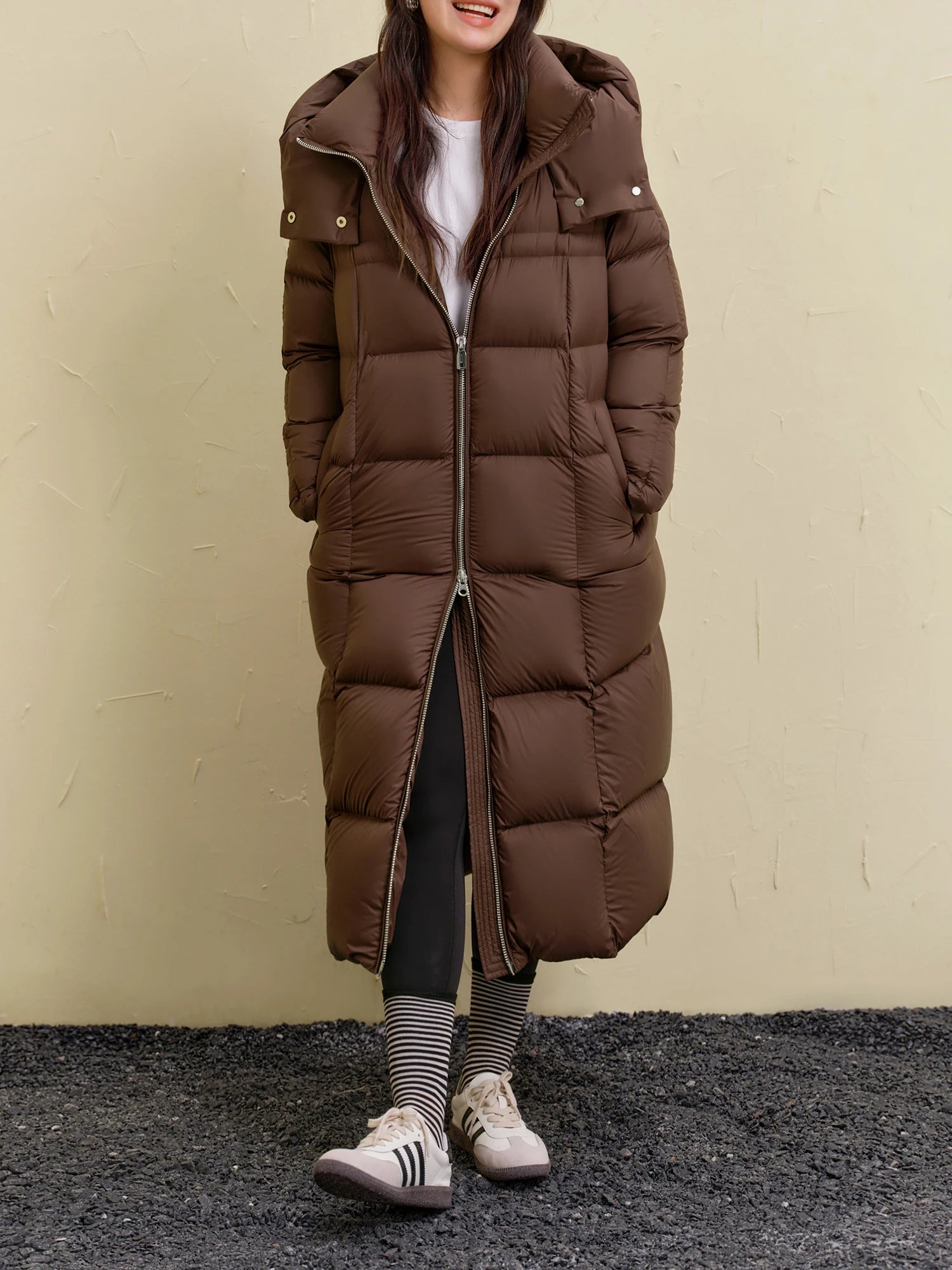 DUSHU 369G Filling Amount Women Goose Down Coats Oversized Loose Long Brown Hooded Down Jackets Winter Warm Coat 24DS84627