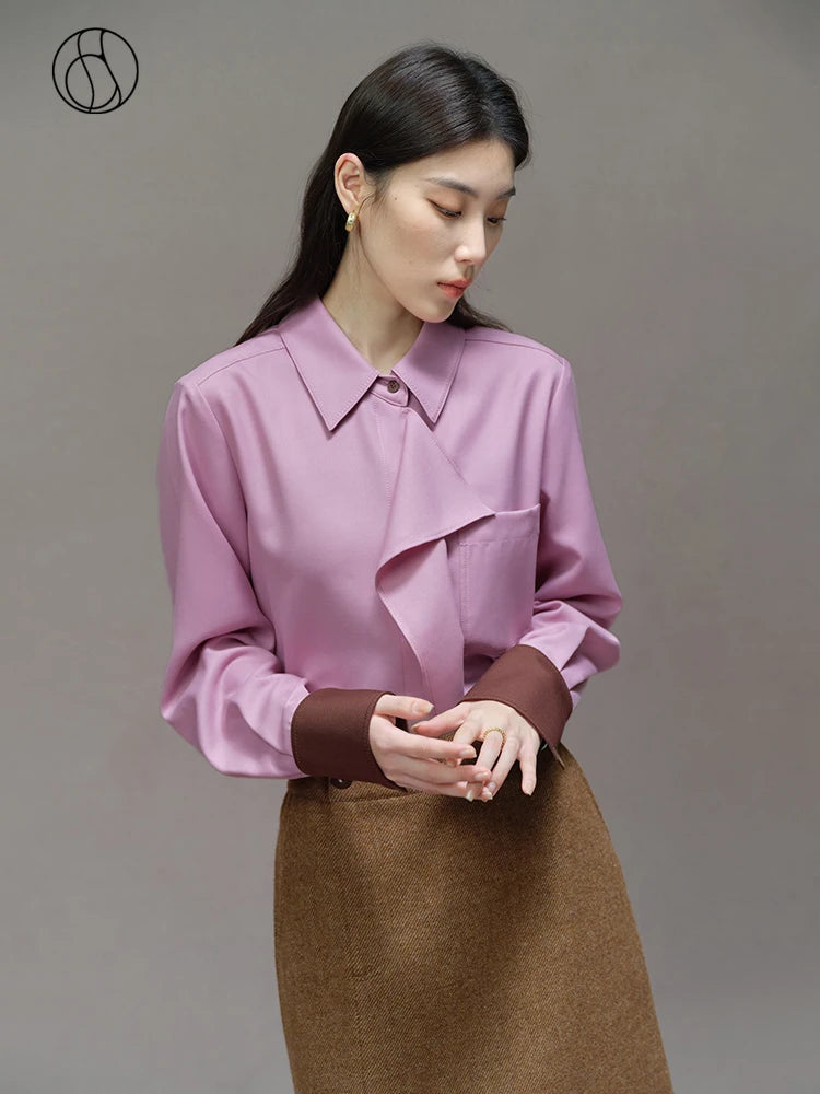 DUSHU 50.2% Wool Pink Temperament Straight Women Winter Blouses Ruffle Edge Design Front Shoulder Shirts Contrasting Cuff Tops