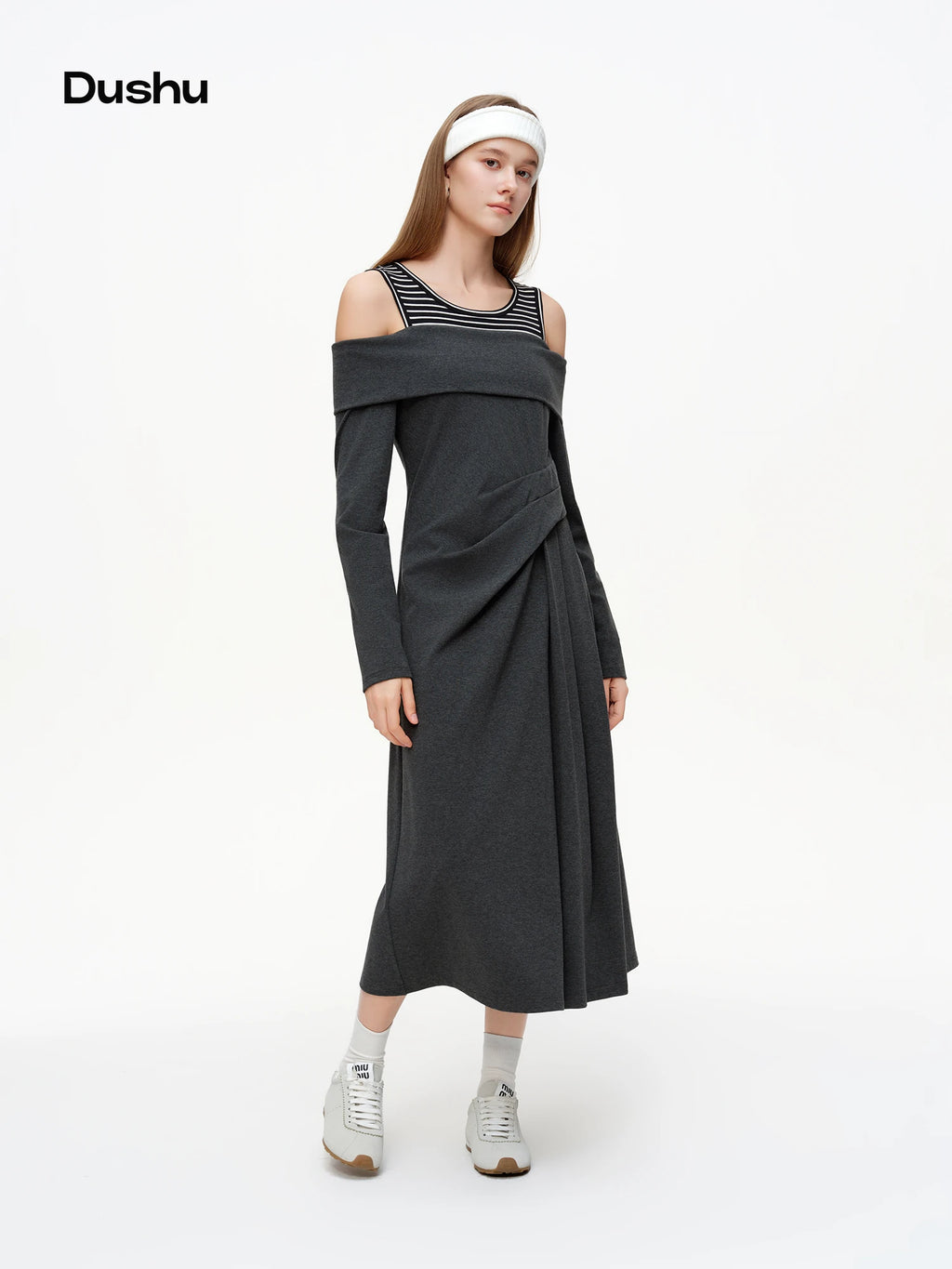 DUSHU Striped Patchwork Off-shoulder Dresses Women 2026 Spring Collection A-line Midi-length Sundress Daily Cozy Elegant BF