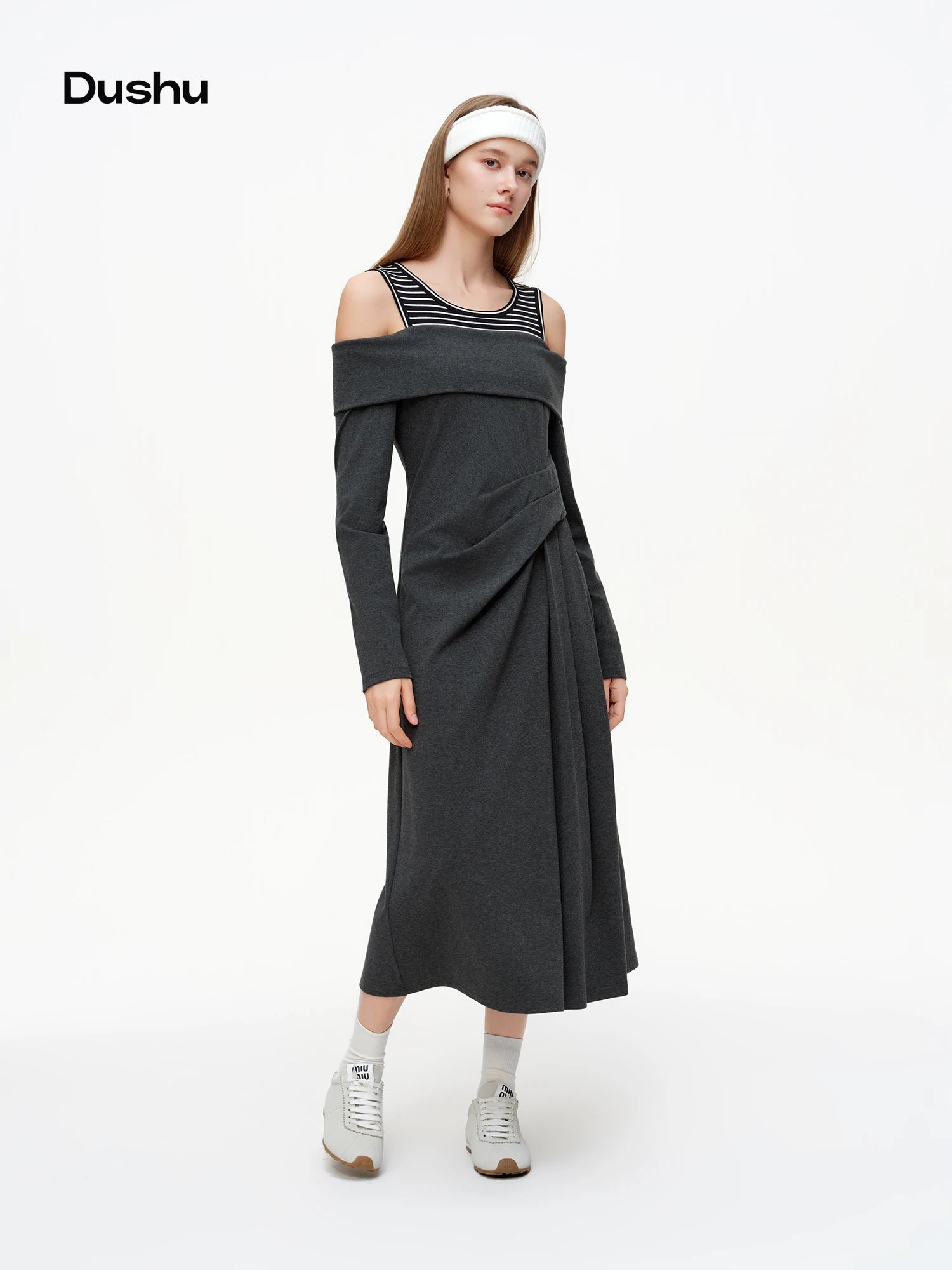 DUSHU Striped Patchwork Off-shoulder Dresses Women 2026 Spring Collection A-line Midi-length Sundress Daily Cozy Elegant BF