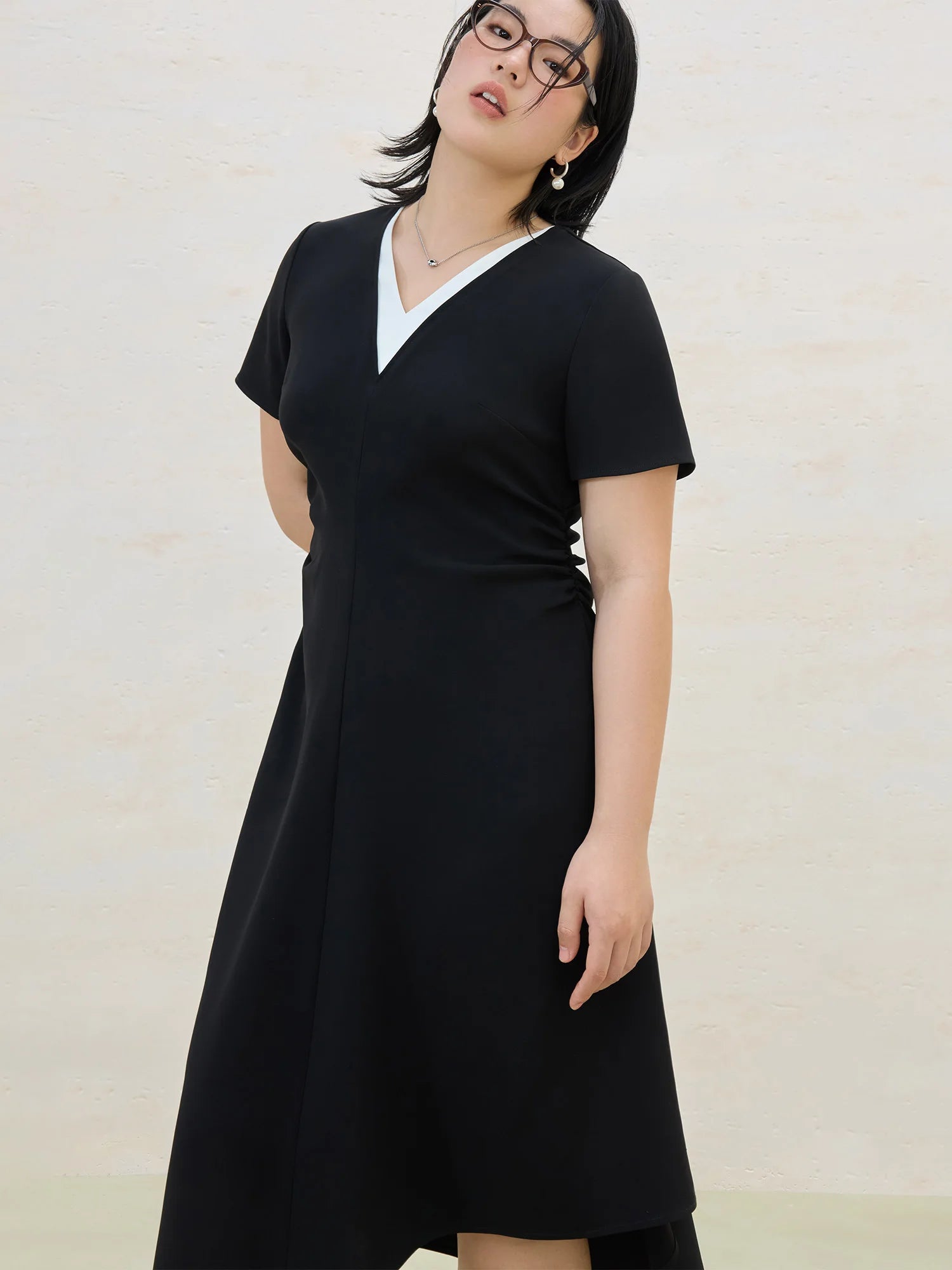 DUSHU 2025 Summer Plus Size Women Minimalist Two-Piece Layered Dress Slimming Asymmetrical Hem Flowy Maxi Dress for Curvy Figure