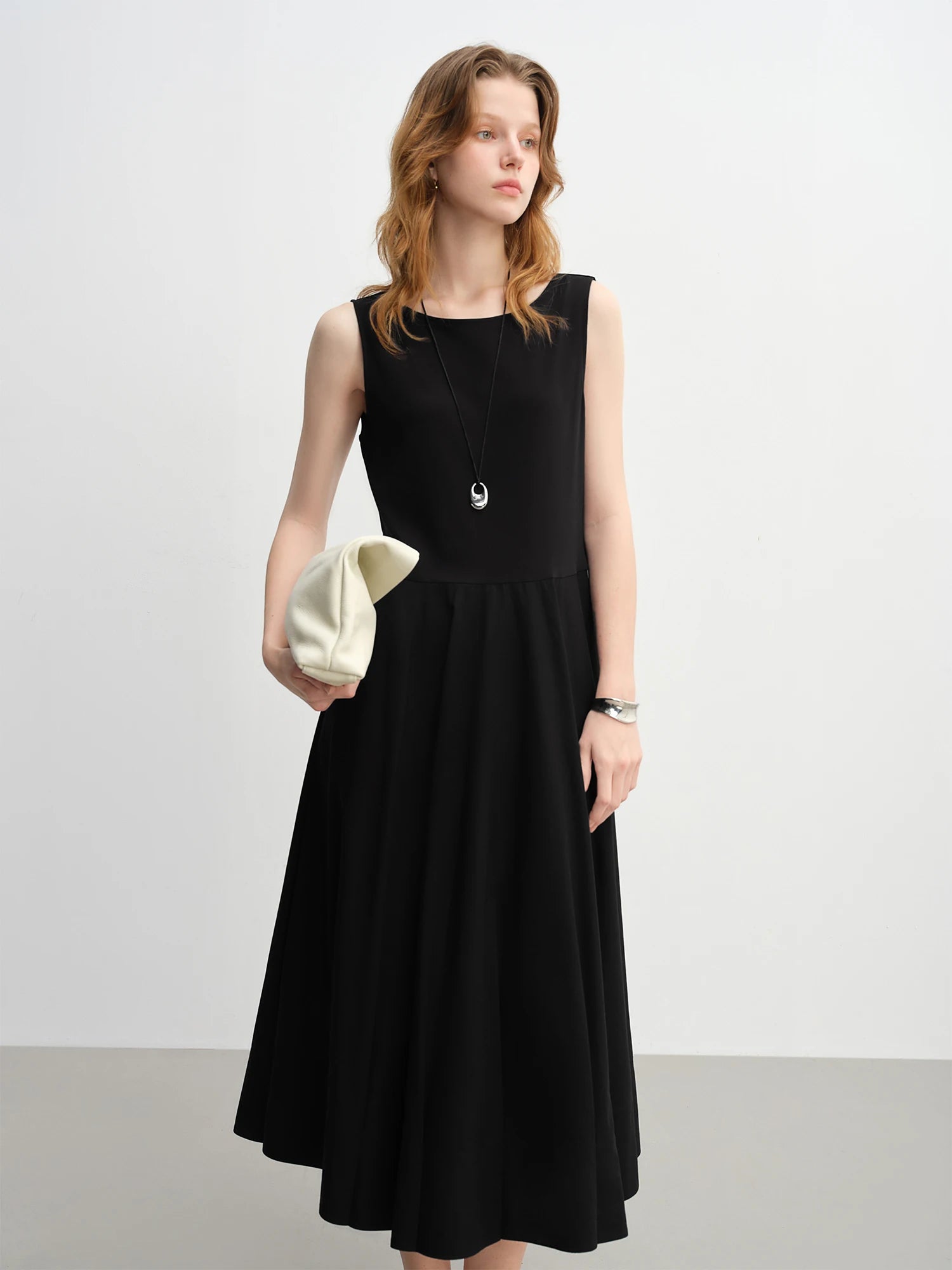 DUSHU Minimalist Style Needle Stitching Dress For Women 2025 Autumn New Arrival Style Sleeveless Short Sleeve Long Black Dress