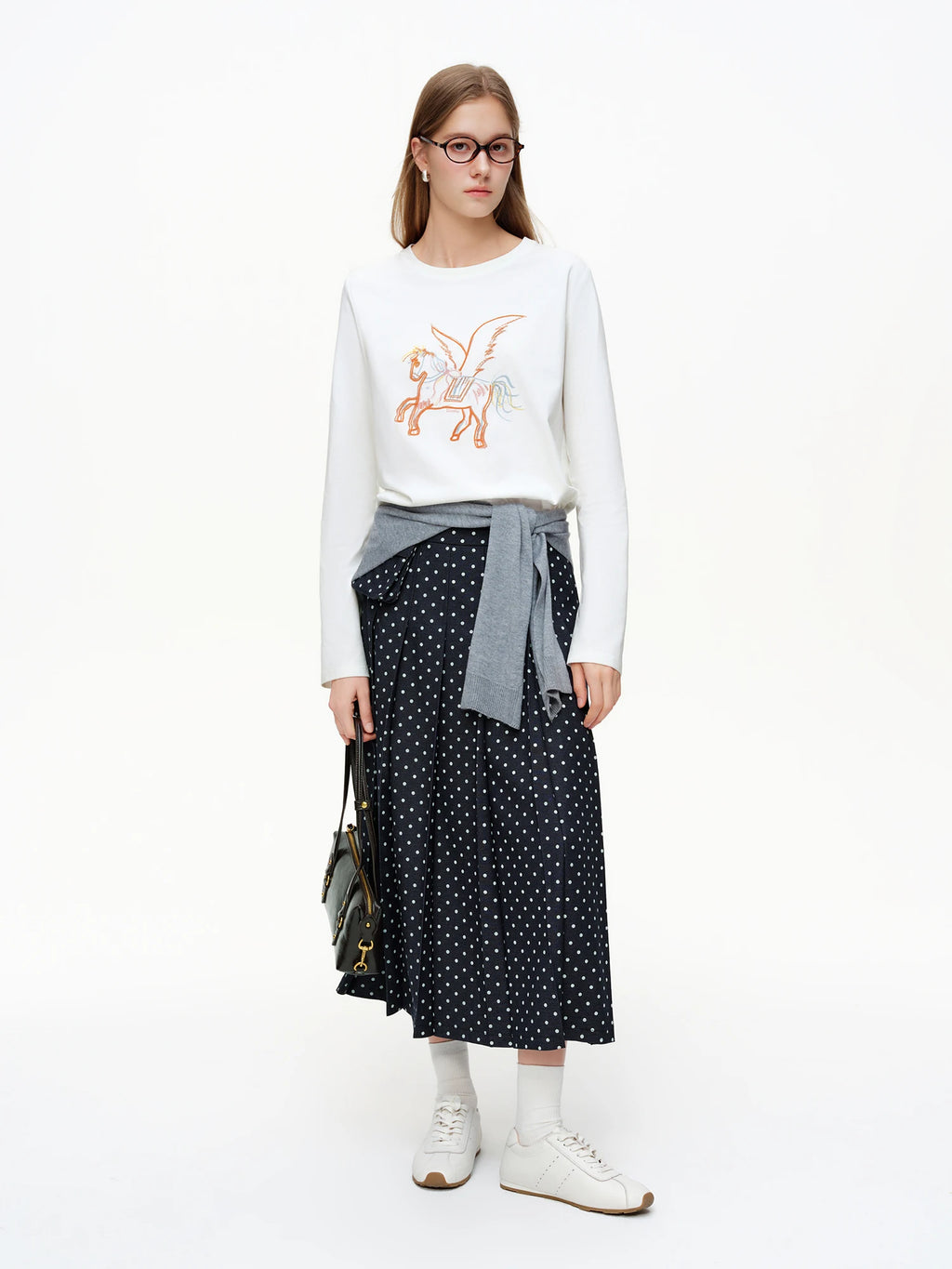 DUSHU 2026 Spring New Women's Polka Dot Midi Skirt Retro Black White Flared Pleated Skirt Vintage Waist Tie A-Line Party Skirt
