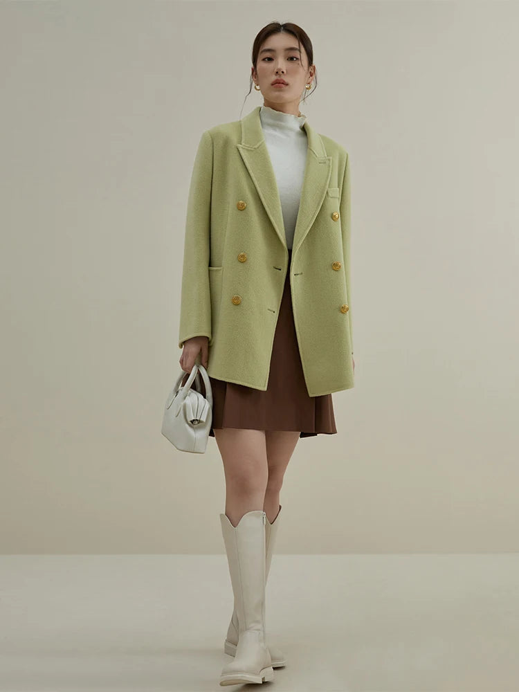 DUSHU Commuter Vintage Style 100% Wool Double-faced Double breasted Woolen Coat for Women Winter New Handmade Wool Jacket Female