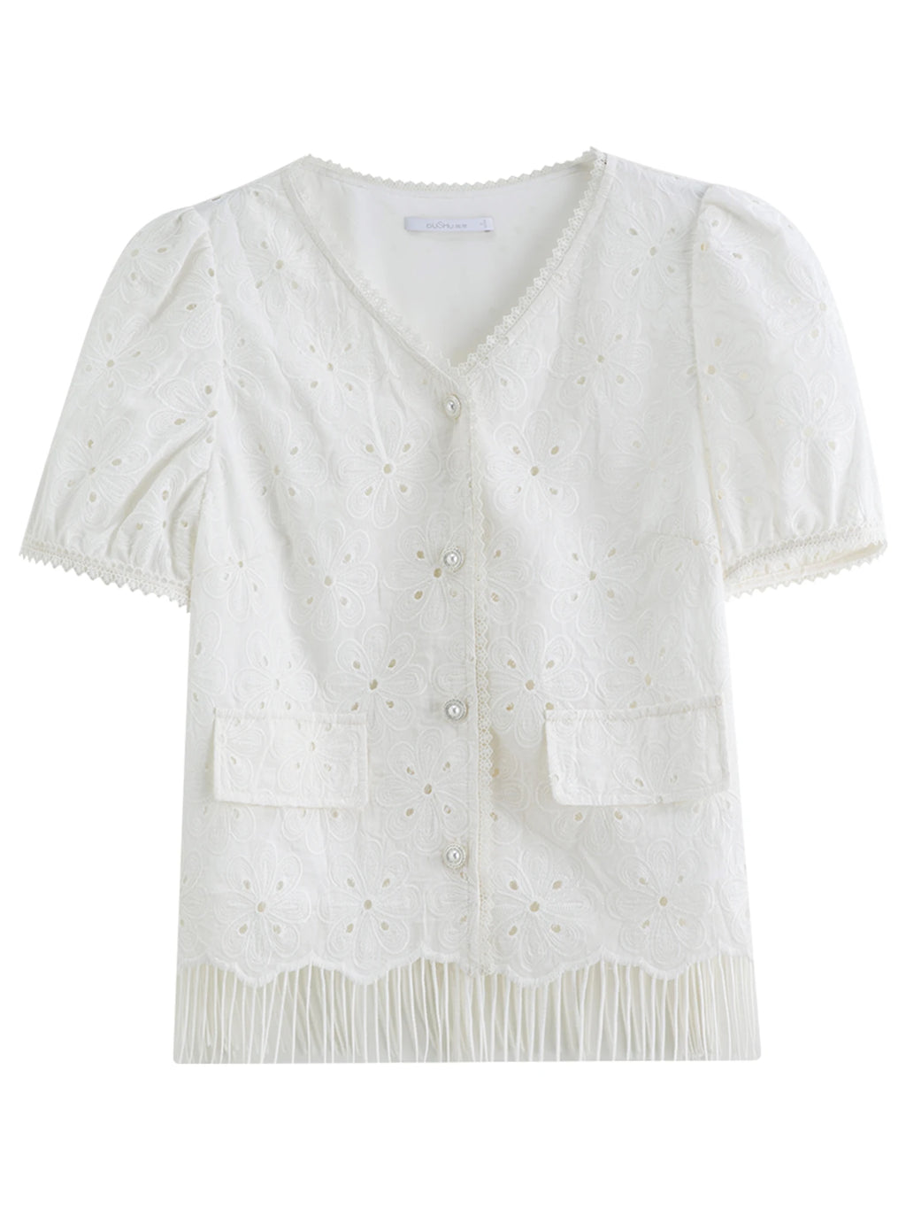 DUSHU Women White Chic Shirt Summer 2025 New Arrival Lace Embroidery Hollow Fat Tassel Casual Shirt Holiday Outfit 25DS82911